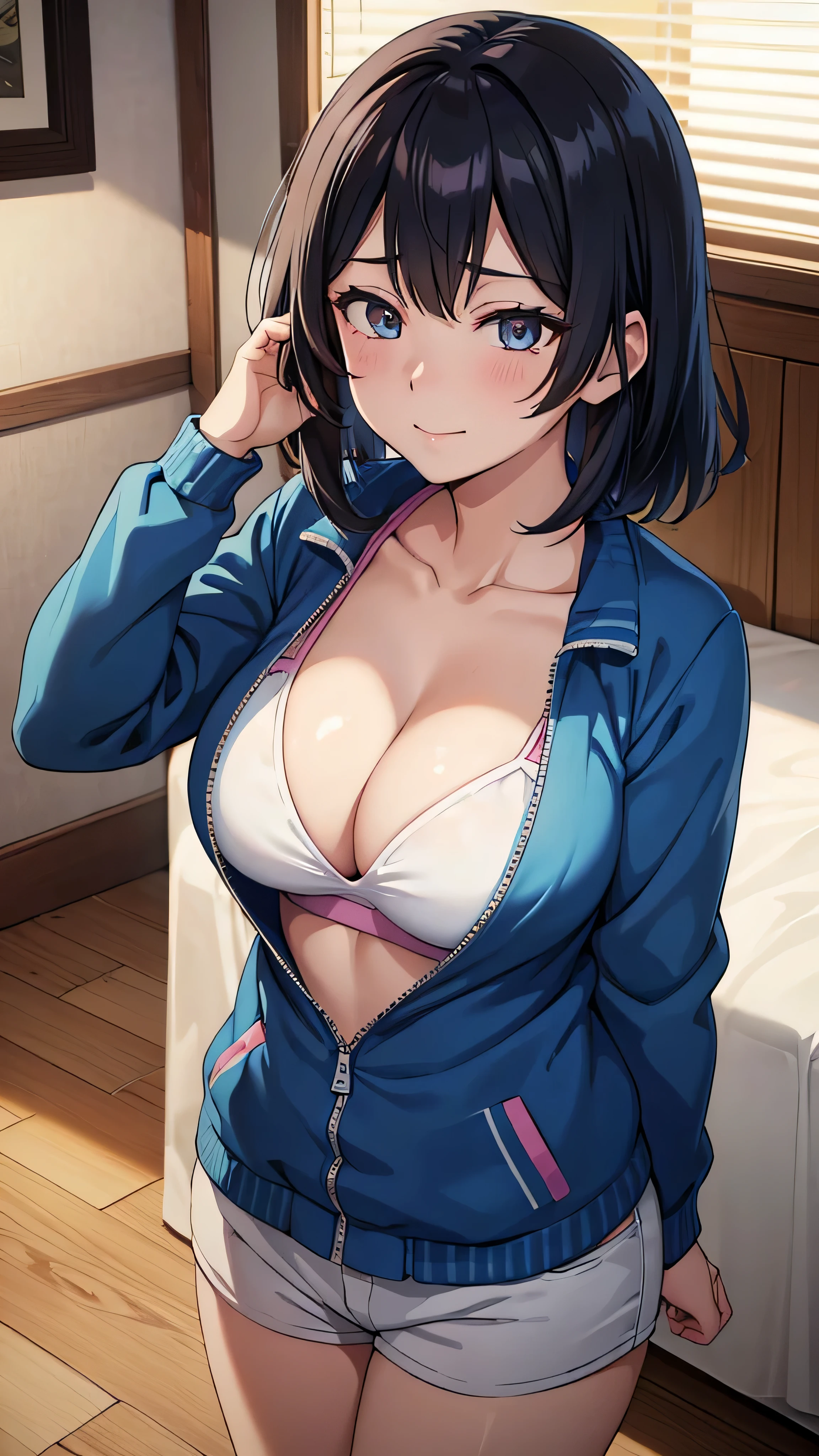 (((masterpiece))),fuyumi itadori, Anime girl characters, 1girl, solo, looking at viewer, medium hair long sleeves, cleavage, bigger breasts, closed mouth, collarbone, jacket, open clothes, open jacket, blue jacket, ground vehicle, sports bra, tall girl, horny, big ass, beautiful face,Charming, anime visual of a cute girl, screenshot from the anime film, & her expression is solemn, ahegao face, in the anime film, in an anime, anime visual of a young woman, she has a cute expressive face, still from anime, perfect breasts, she is tall, All bodies visible, ahegao face, the face is ahegao, she is horny, A perverted face, she so perverted, she smile so perverted, hd picture, 4k quality, details of the face is so good,