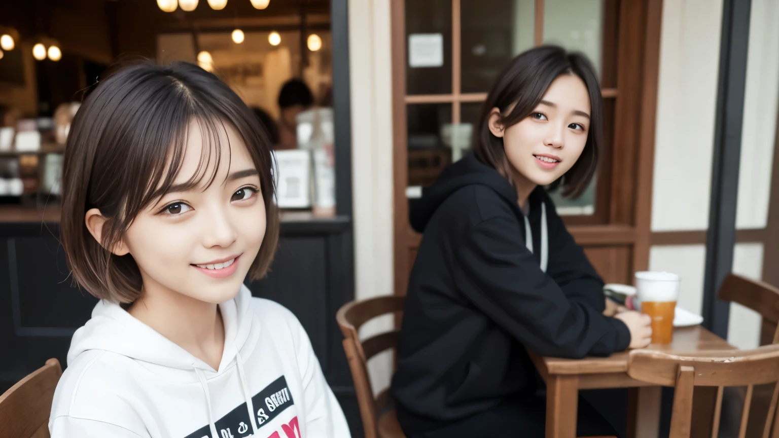 8K quality、best image quality、超A high resolution、masterpiece、Photoreal、RAW photo、超A high resolution、Japan 21 years old、、dynamic angle、cowboy shot、smile、smile、The most beautiful things form chaos、elegant、brutal design、Bright colors、short bob、smile、glossy white skin、beautiful eyes with random colors、very thin lips、Beautiful eyes in every detail、beautiful double eyelids、bright chestnut hair、Cafe、Cafe店内、whole、hoodie、hot pants、