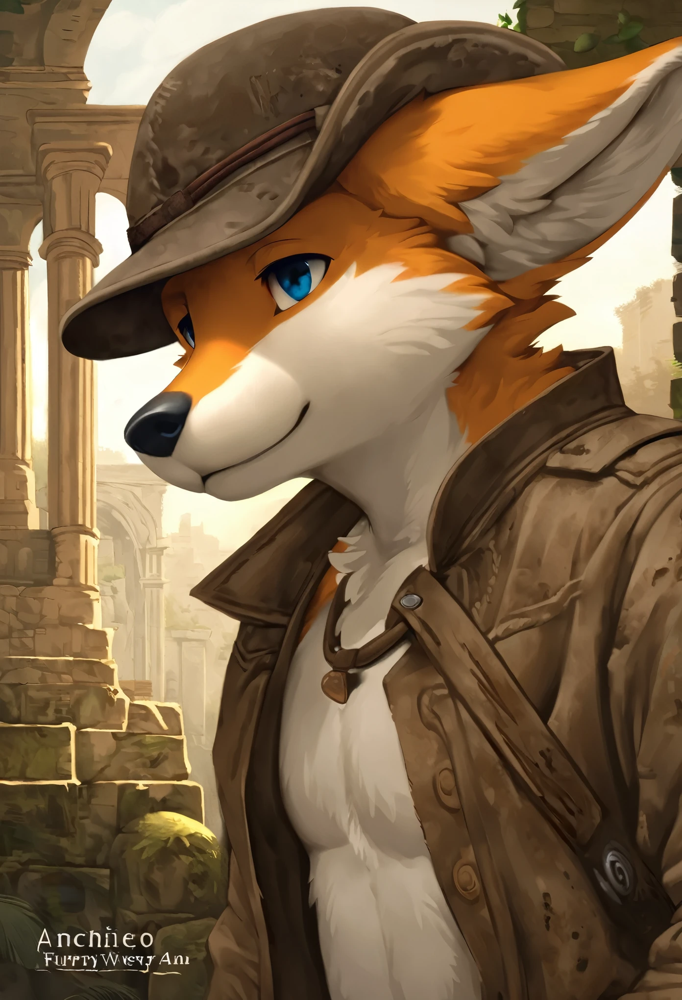 cover page, highres, top quality, best quality, paid reward available, unparalleled masterpiece, perfect artwork, absurdres, High-quality illustrations by Michelangelo, by Johannes Vermeer, masterpiece, super high resolution, detailed background, Old Ruins, Dungeons, Indiana Jones series(highly detailed beautiful face and eyes)absurdres, perfect anatomy(handsome 1boy, kemono, solo focus, Adventurer, Archaeologist)(furry)(furry anthro:1.7)(Furry body, fox facial features, fox body features)(very detailed body fur)full body, Dirty Coat and Hat,