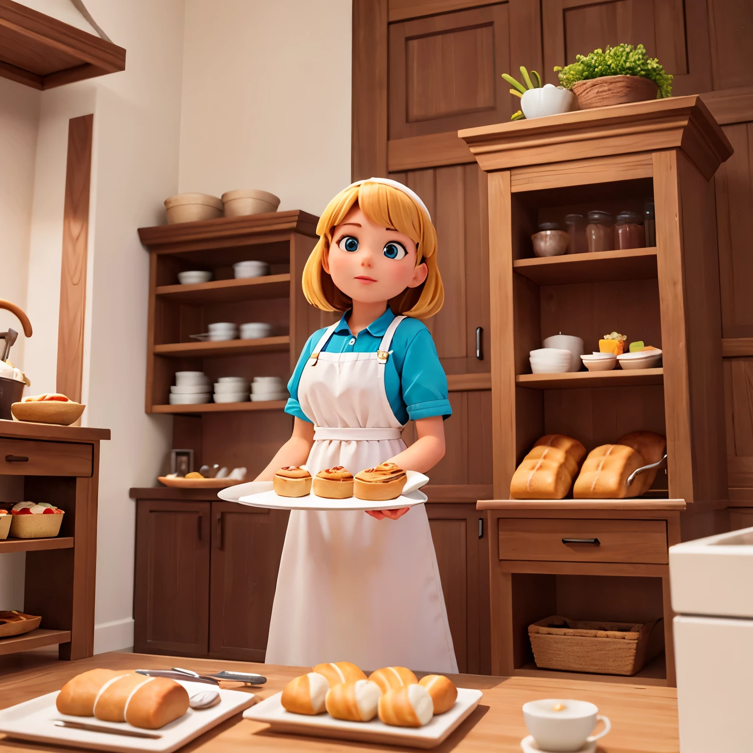 A baker,(best quality,4k,8k,highres,masterpiece:1.2),ultra-detailed,realistic:1.37,sunlit,wholesome,confectioneries,baking utensils,meticulously decorated cakes,delicious pastries,impeccably rolled dough,baking trays filled with fresh bread,aroma of freshly baked goods,artistic presentation,vibrant colors,flour-dusted hands,professional kitchen ambiance