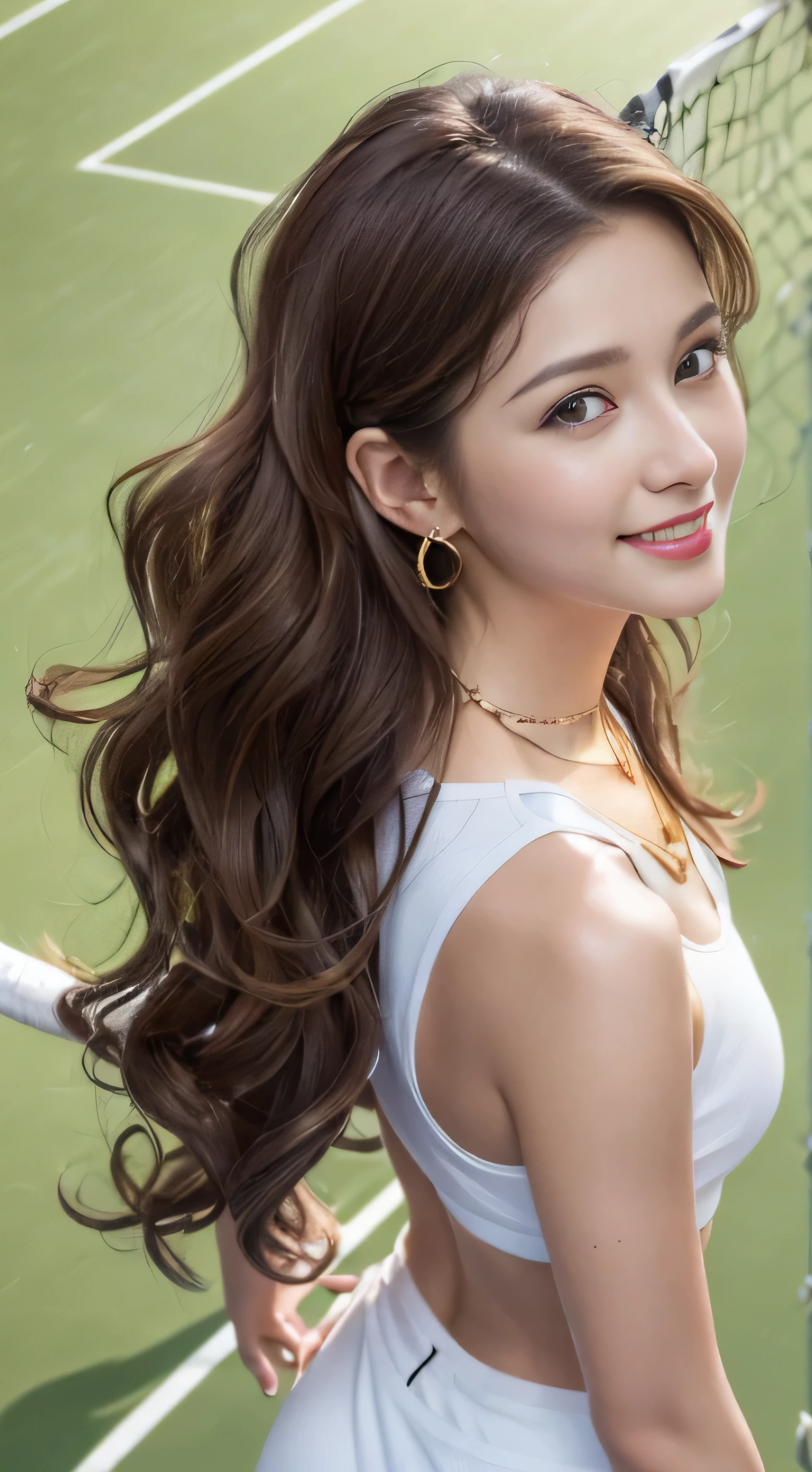 masterpiece, highest quality, realistic, Super detailed, small details, High resolution, 8k wallpaper, 1 beautiful woman, wear casual business wear, in a great restaurant, At night, light brown messy hair, perfect dynamic composition, beautiful and detailed eyes,((Hair with loose waves inside:1.2)),((gold necklace＿Large earrings:1.2)),((Super long brown hair:1.2))、fullbody shot、((full figure supermodel standing, entire body in frame))、((look down at the viewer,from below:1.5))((standing tall on a tennis court in her tennis outfit:1.3)((shy smile:1.3)),