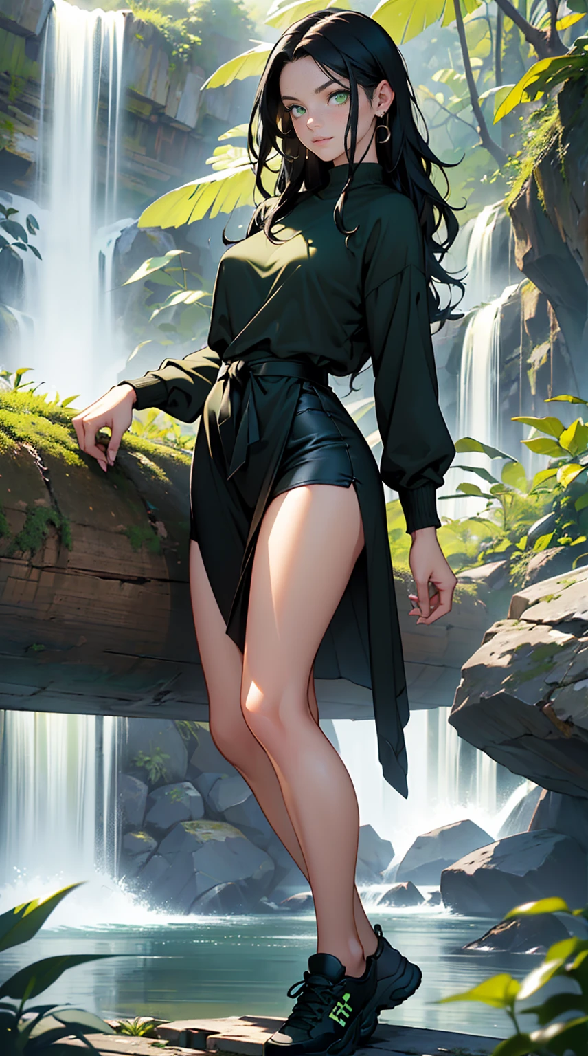 (masterpiece, Best quality, A high resolution, ultra detailed),(beautiful and aesthetically pleasing:1.2), 1 woman, adult, perfect body, wavy black hair, ((green eyes)), detailed eyes and face, full_body, stylish casual wear, stylish comfortable shoes, loose styled, Outdoors, Waterfall