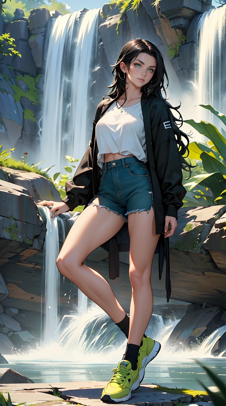 (masterpiece, Best quality, A high resolution, ultra detailed),(beautiful and aesthetically pleasing:1.2), 1 woman, adult, perfect body, wavy black hair, ((green eyes)), detailed eyes and face, full_body, stylish casual wear, stylish comfortable shoes, loose styled, Outdoors, Waterfall