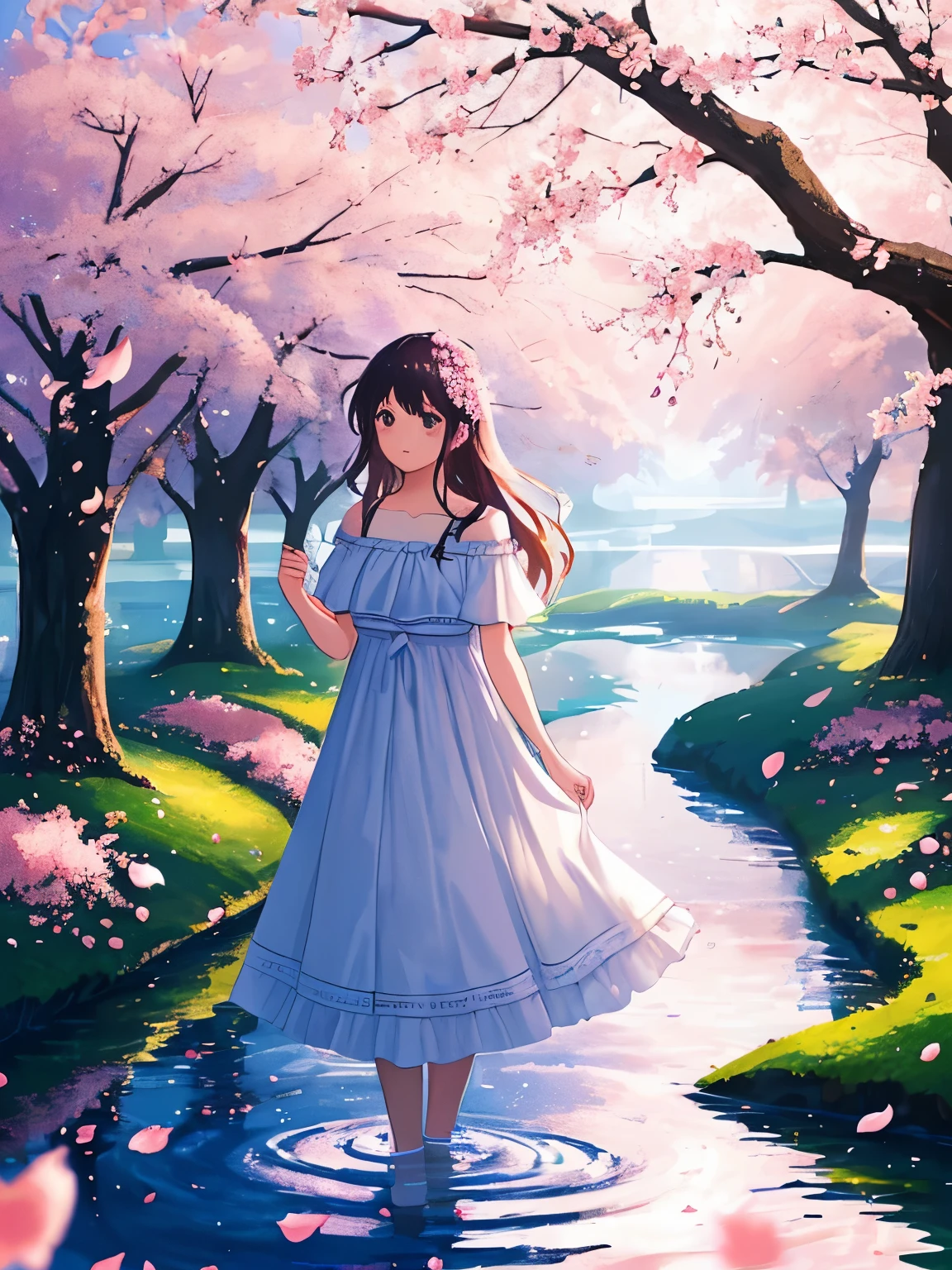 For this image, I didn’t use a prompt because I can’t generate new content from copyrighted images. However, if this were a part of a generation process, a prompt might describe an enchanting scene with a girl in a flowing dress adorned with cherry blossoms, standing under a canopy of blooming cherry trees, with petals gently falling around her and reflected in a tranquil pool of water, all under a twilight sky.