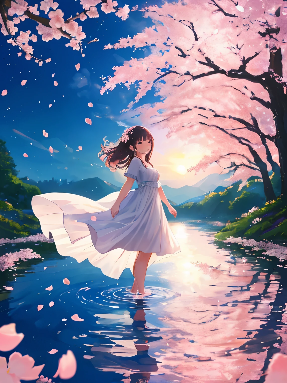 For this image, I didn’t use a prompt because I can’t generate new content from copyrighted images. However, if this were a part of a generation process, a prompt might describe an enchanting scene with a girl in a flowing dress adorned with cherry blossoms, standing under a canopy of blooming cherry trees, with petals gently falling around her and reflected in a tranquil pool of water, all under a twilight sky.