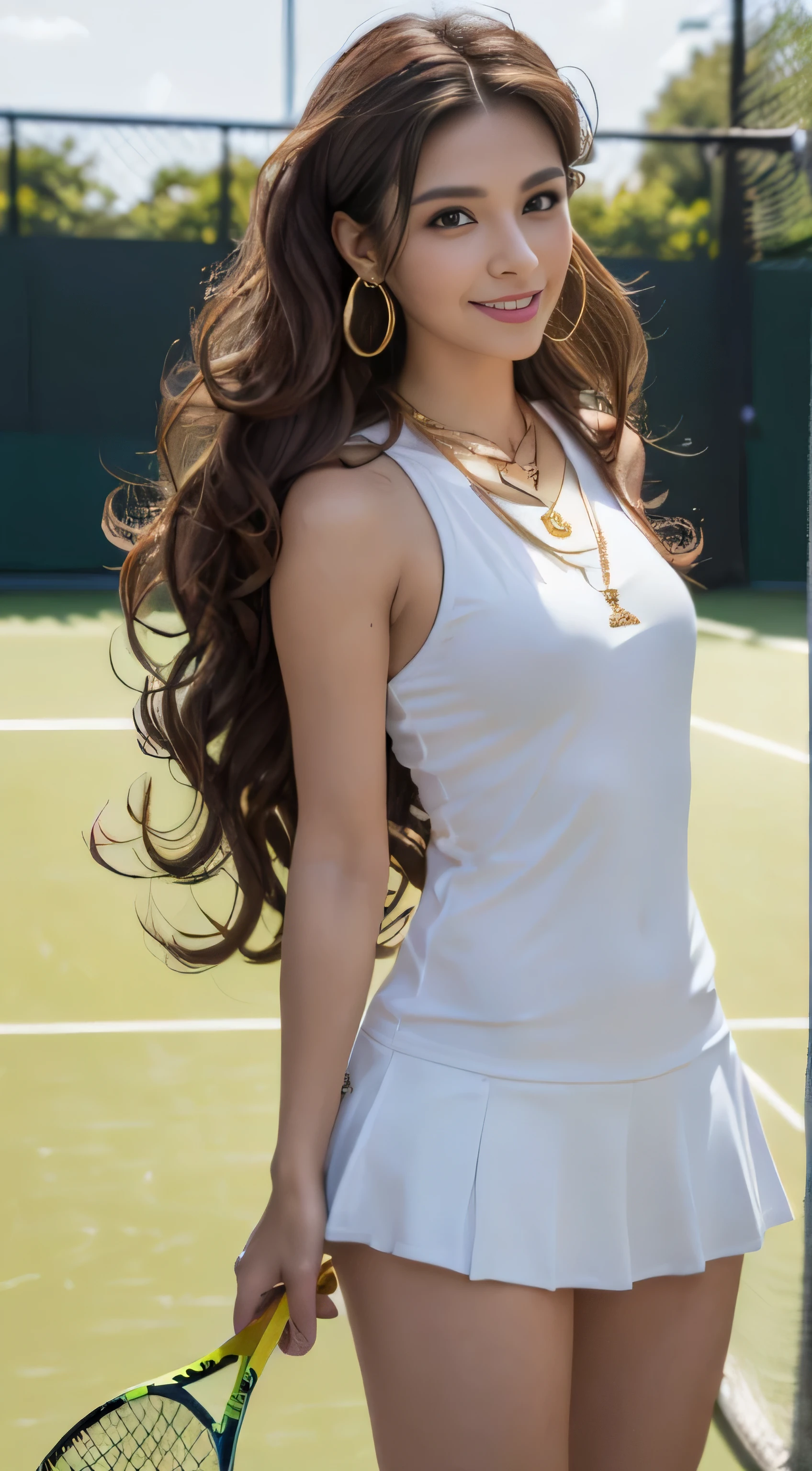 masterpiece, highest quality, realistic, Super detailed, small details, High resolution, 8k wallpaper, 1 beautiful woman, wear casual business wear, in a great restaurant, At night, light brown messy hair, perfect dynamic composition, beautiful and detailed eyes,((Hair with loose waves inside:1.2)),((gold necklace_Large earrings:1.2)),((Super long brown hair:1.2))、fullbody shot、((full figure supermodel standing, entire body in frame))、((look down at the viewer,from below:1.5))((standing tall on a tennis court in her tennis outfit:1.3)((shy smile:1.3)),