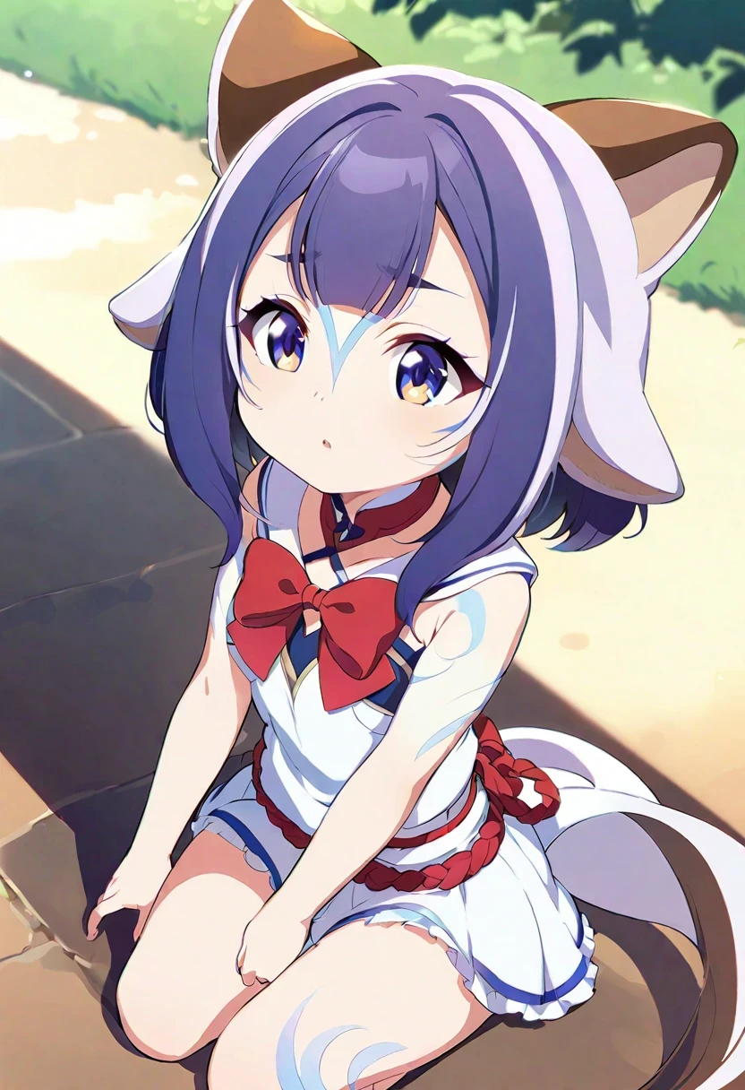 (((shylily))),Anime - Style drawing of a girl with a red knot on her ears, small curvaceous loli, Soft anime illustration, Splash art anime Loli, Loli, Gray hair,  lovely art style, offcial art, small loli girl, Anime moe art style, Ribbons, zerochan art, and the sun was shining brightly，Light and shadow in detail，Round and hairy ears，One small foot wears white socks，Shy eyes，There is a fluffy squirrel tail