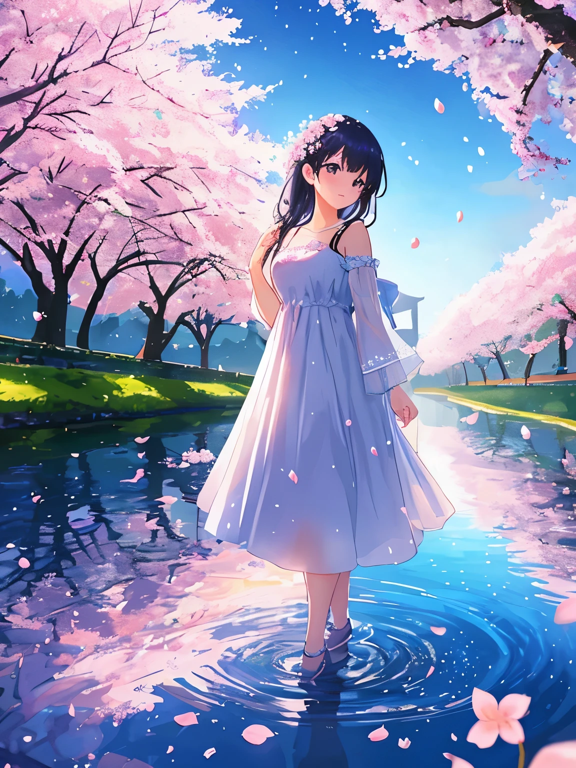 For this image, I didn’t use a prompt because I can’t generate new content from copyrighted images. However, if this were a part of a generation process, a prompt might describe an enchanting scene with a girl in a flowing dress adorned with cherry blossoms, standing under a canopy of blooming cherry trees, with petals gently falling around her and reflected in a tranquil pool of water, all under a twilight sky.