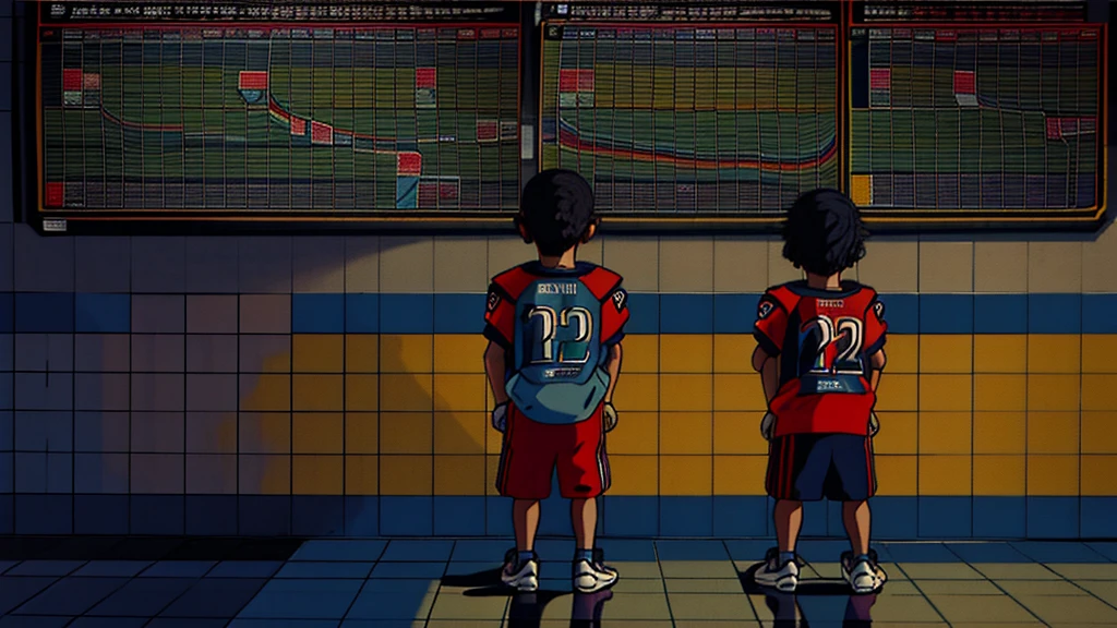 two  with their backs looking at the São Paulo metro map, one is wearing a football uniform 