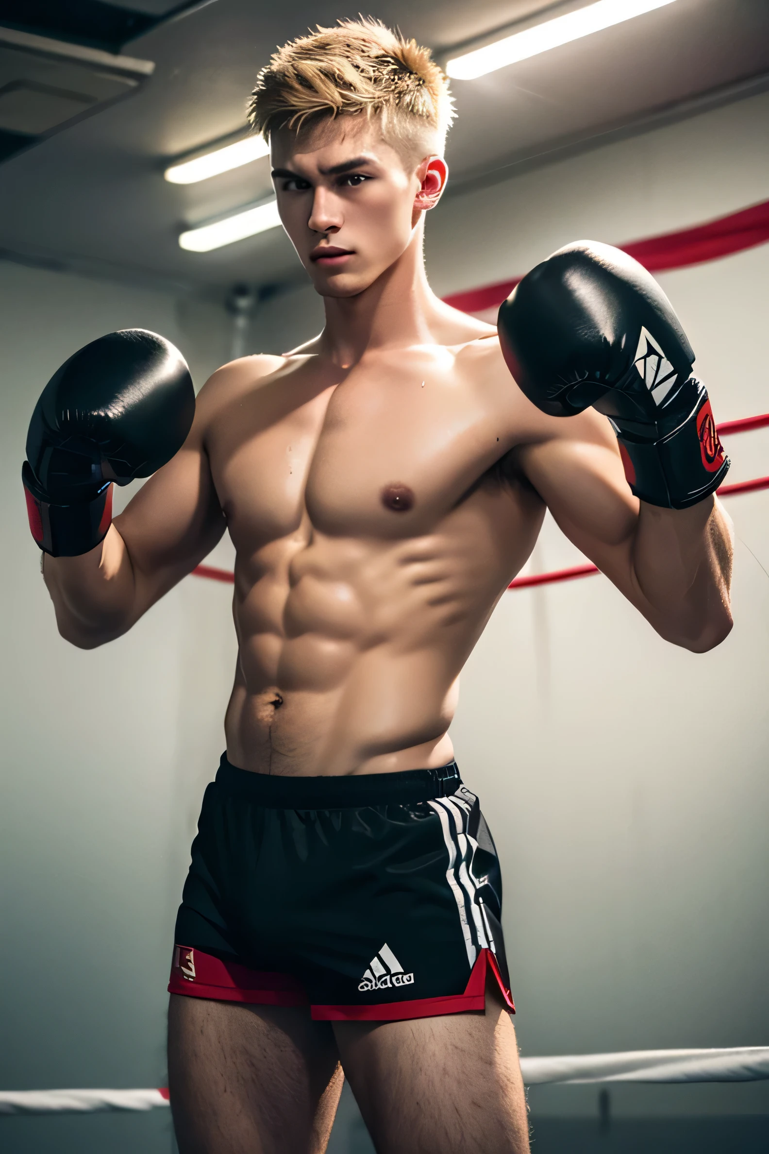 shirtless sweat-drenched 21-year old short blond hair caucasian wearing boxing red gloves, black boxing shorts, exhausted from training 