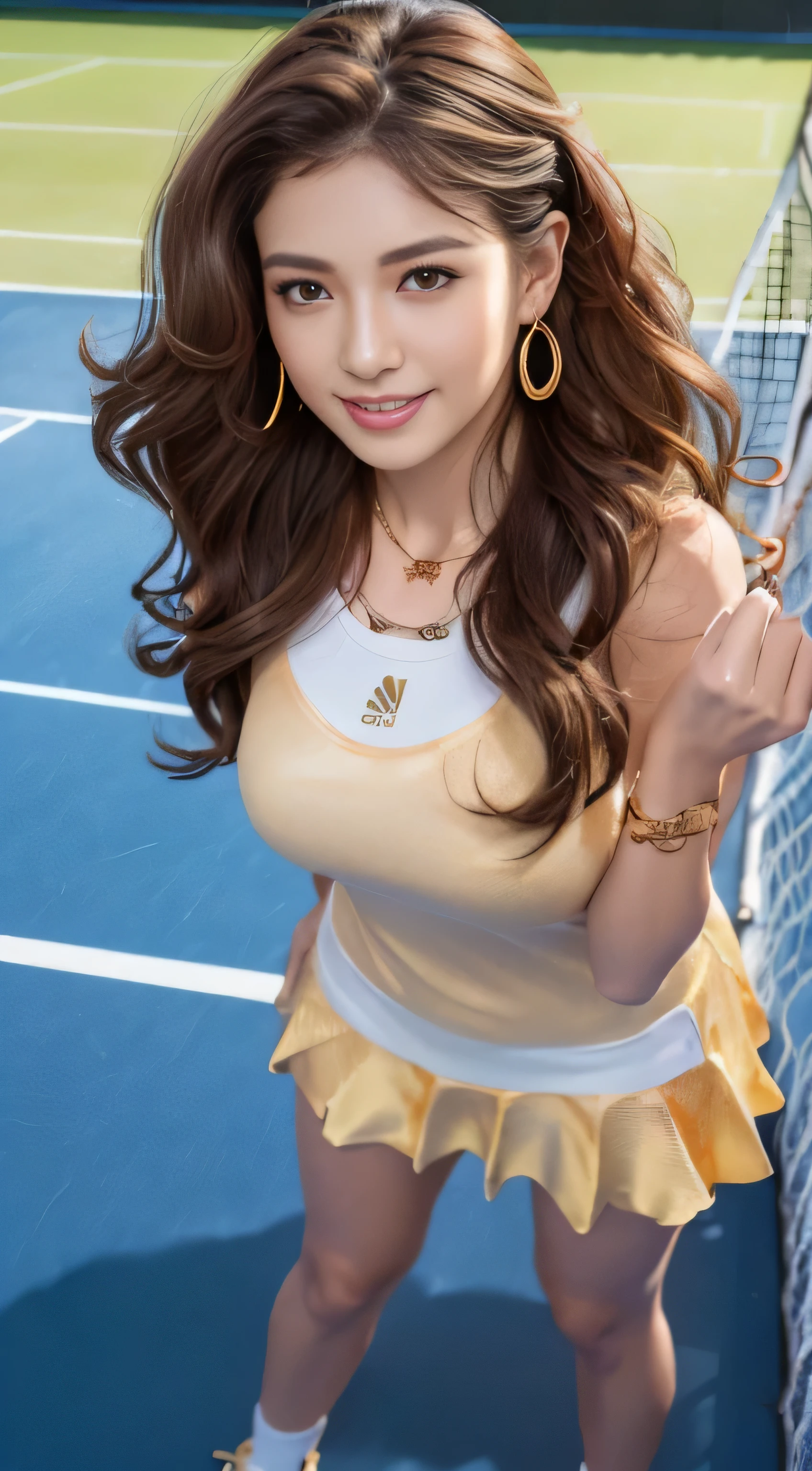 masterpiece, highest quality, realistic, Super detailed, small details, High resolution, 8k wallpaper, 1 beautiful woman, wear casual business wear, in a great restaurant, At night, light brown messy hair, perfect dynamic composition, beautiful and detailed eyes,((Hair with loose waves inside:1.2)),((gold necklace_Large earrings:1.2)),((Super long brown hair:1.2))、fullbody shot、((full figure supermodel standing, entire body in frame))、 ((arms up:1.1)),((look down at the viewer,from below:1.5))((standing tall on a tennis court in her tennis outfit:1.3)((shy smile:1.3)),