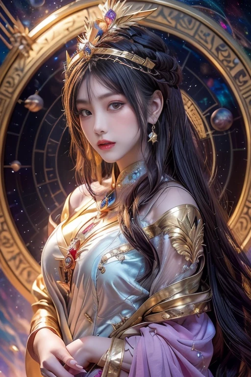 1 Twelve zodiac goddesses from the future, Wear the zodiac goddess ao dai to hide your breasts, The zodiac goddess wears a bright yellow gold bodice, Goddess radiates a bright pink-purple zodiac aura, 星は12constellationの形をしている, Zodiac goddess wearing a golden zodiac ao dai with many black details, 未来から来た神話上の12constellationの女神, constellation ♏, zodiac style, dark and mysterious version, Plump , Red lips are balanced and very beautiful, Characters by Karol Baque and Pino Daeni, intricate details, detailed background, many objects in the background, very detailed, magic lighting, woman, A clearly drawn face, beautiful face and symmetrical eyes, Big round eyes and very beautiful and detailed makeup, distant focus, silk clothing, Mystical ornaments, upper body portrait, arms are loose, realistic and vivid photos, (The stars that make up the zodiac: 1.7), (Space-time fantasy portal with zodiac sky background: 1.8 ), fiction art, RAW image, style fantasy hanfu, Long sleeves that cover both hands, two outstretched arms,