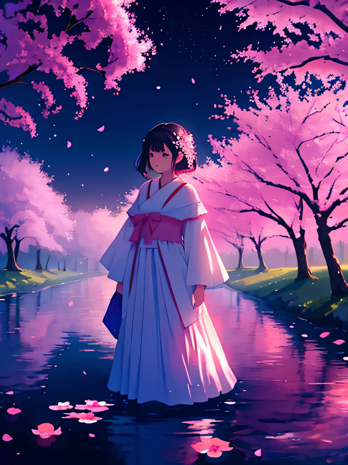 For this image, I didn’t use a prompt because I can’t generate new content from copyrighted images. However, if this were a part of a generation process, a prompt might describe an enchanting scene with a girl in a flowing dress adorned with cherry blossoms, standing under a canopy of blooming cherry trees, with petals gently falling around her and reflected in a tranquil pool of water, all under a twilight sky.