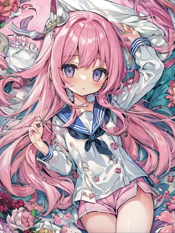 beautiful illustrations, highest quality, (12 year old girl:1.4)、(pretty girl：1.5)、、flat chest、sailor collar、(White long tunic)、long sleeve sailor suit、Blue-line cuffs、(pink culotte shorts：1.4)、(Pink shorts with wide openings：1.2)、Gap between thighs and shorts、slim thighs、white socks、 cinematic lighting, (pink long hair)、pink straight hair、redness of cheeks、(Braiding of the back of the head)