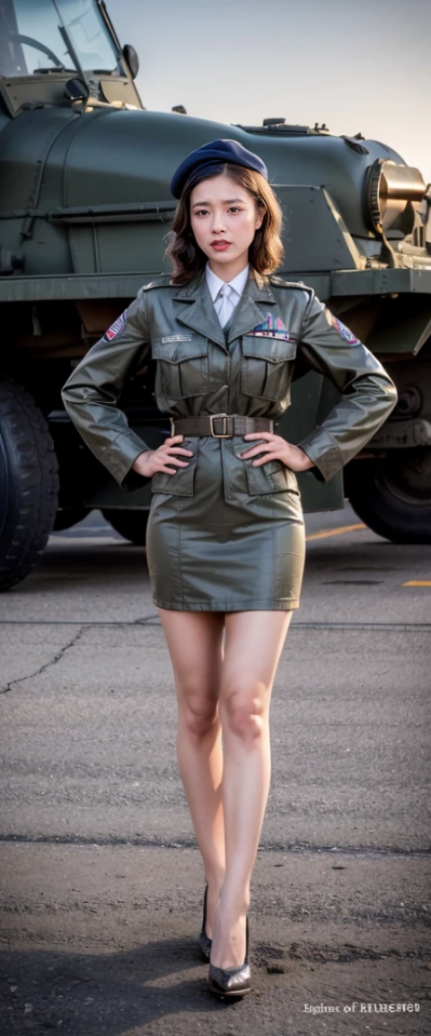 ((masterpiece, best quality, Highest image quality, High resolution, lifelike, original photo, 8K)), 1950s Film,film grain,View of the military airport Alafid,There is a World War II fighter plane parked in front, with 机场searchlight, A female soldier is waiting for guests in front of the plane, lure, beautiful face,Highly detailed facial details,exquisite eyes,beautiful eyes,WWII military uniform and high heels, American female soldiers,Route 6 6, searchlight, 1 9 5 0 s United States Travel, some have searchlight, 外面searchlight, searchlight, gigantic searchlight, in arnie swicker, few searchlight, searchlight in background,