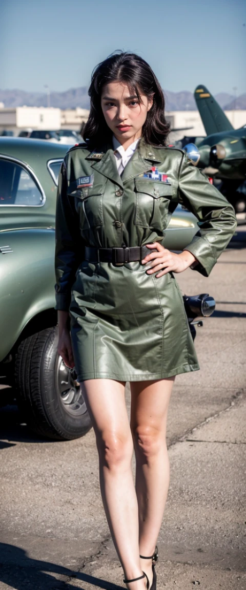 (Hyper-realistic photo: 1.5), (detailed and elaborate details: 1.3), (theatrical dramatic lighting, striking shadow and light: 1.2), (Portrait of beautiful young pin-up girl, smiling, in 1950s air force uniform). Real skin, sweat spots, freckles, green eyes, red lipstick, thick eyebrows, beautiful, sexy, cute, hot, youthful appearance, photo with an analog camera from the 1950s. (wearing traditional 1950s-style aeronautical uniform mini-dress: 1.2), ( (short plain dress, buttons open neckline, pilot cap)), (skinny slim lean body), traditional 1950s hair, 1950s overall makeup, (she is on the tarmac of a WWII airport, in standing next to a Supermarine Spitfire plane), composition in pastel colors, slightly faded, slightly blurred, slightly grainy, film photography, nsfw, toned thighs, muscles, long stockings, garter belt, high heels, gloves