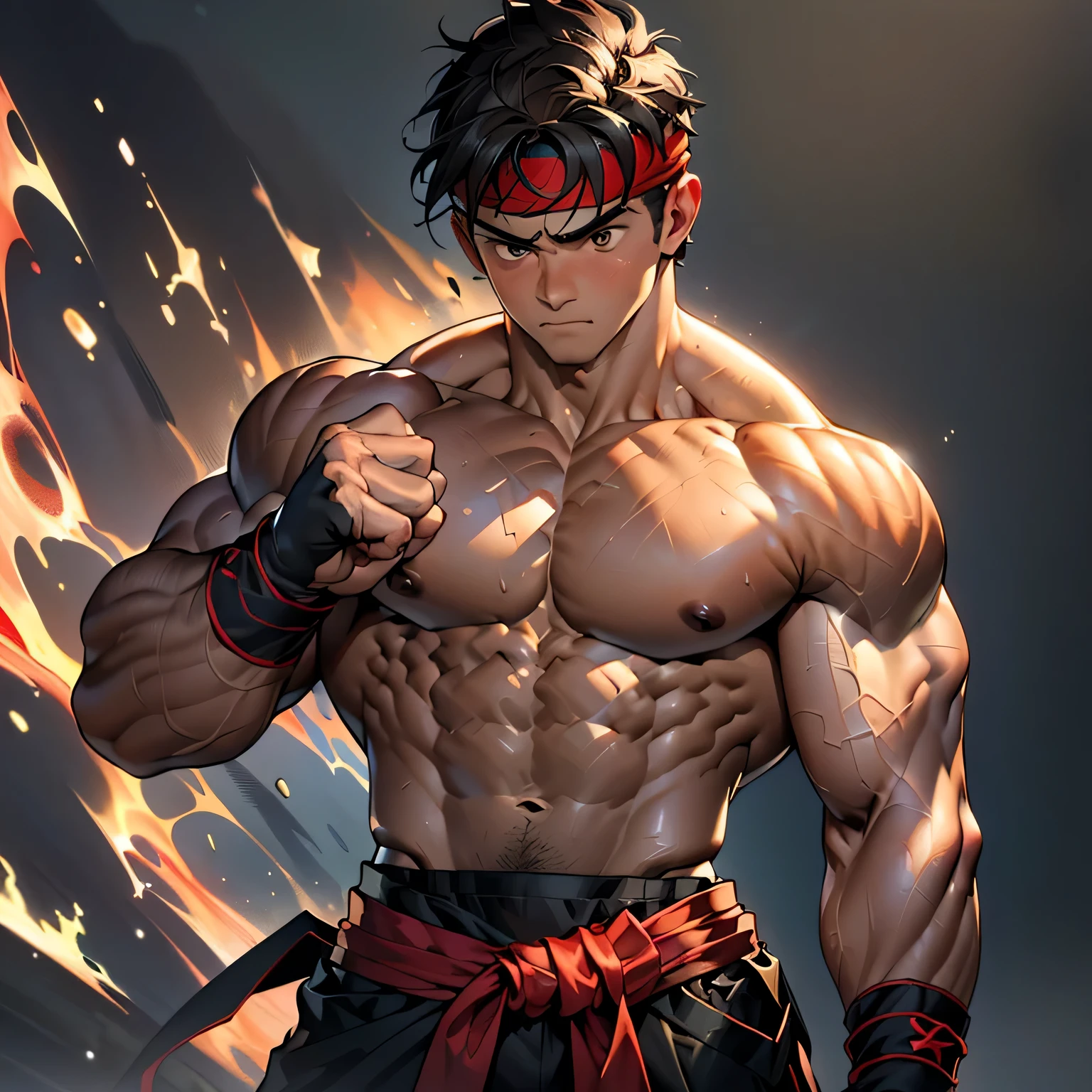 (Masterpiece, Best quality 19 year old boy, simple background, cowboy shot), solo, Young, boy, muscler, Shirtless, topless, (Dark Short straight hair, under cut, brown eyes), (red headband, ((black wristband, weist sash))), Vivid colors, (hot Abs:1.2, abs!, big abs, big breast:1.2, chest!, muscler upper arms, mighty fist, (upper body nudity:1.1)), (topless male), closed mouth, muscler!, muscler body, Man with martial arts stance, (aura power:1.4), detailed face, detailed muscle, ((( random fighting pose, aggressive, powerful, action, rippling muscles)))