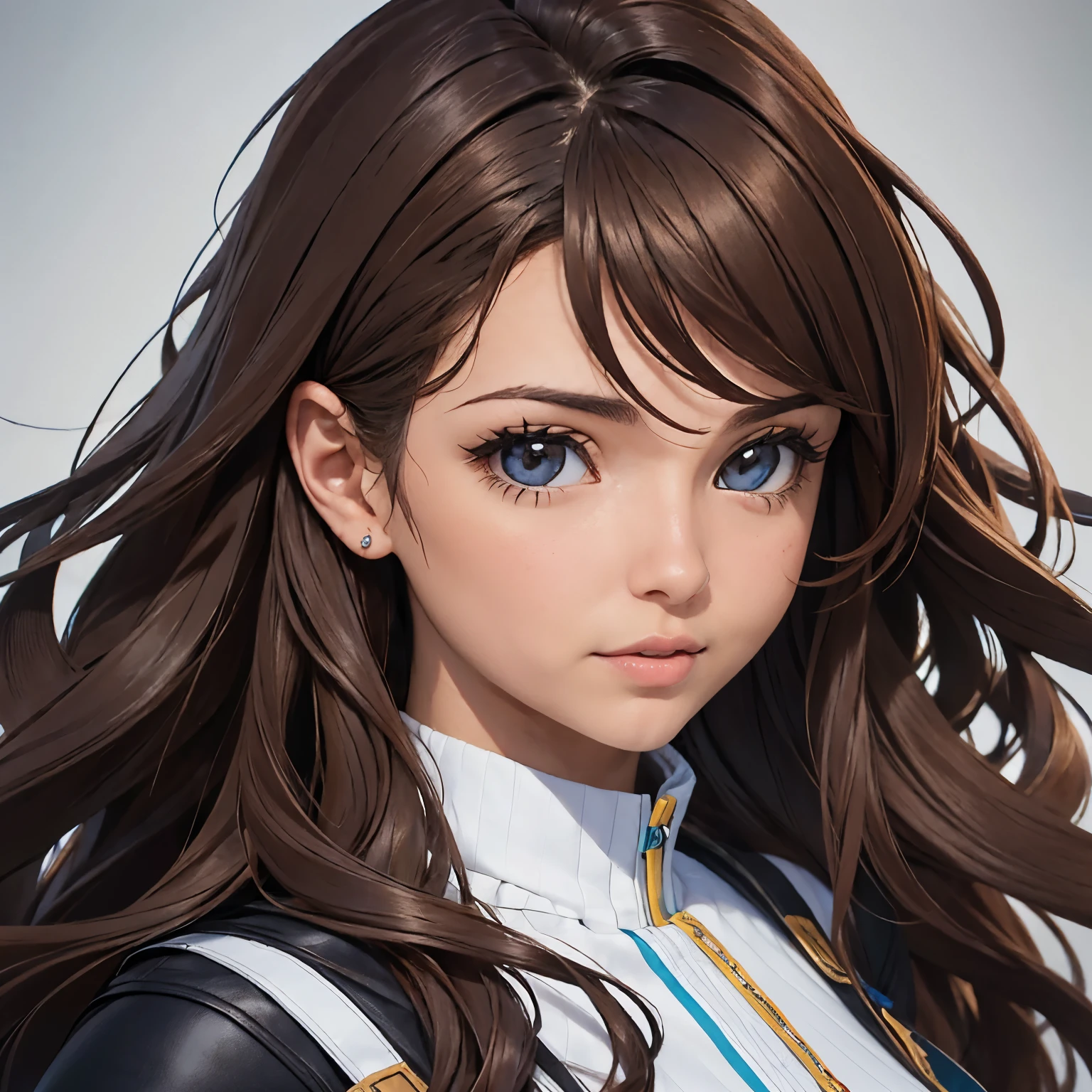 Realistic photo of a 29 year old Latina model profile, senos grandes y pesones levemente marcados, con ojos claros, brown wavy hair, nariz fina y rasgos faciales llamativos sexualmente, a design that increases hormones