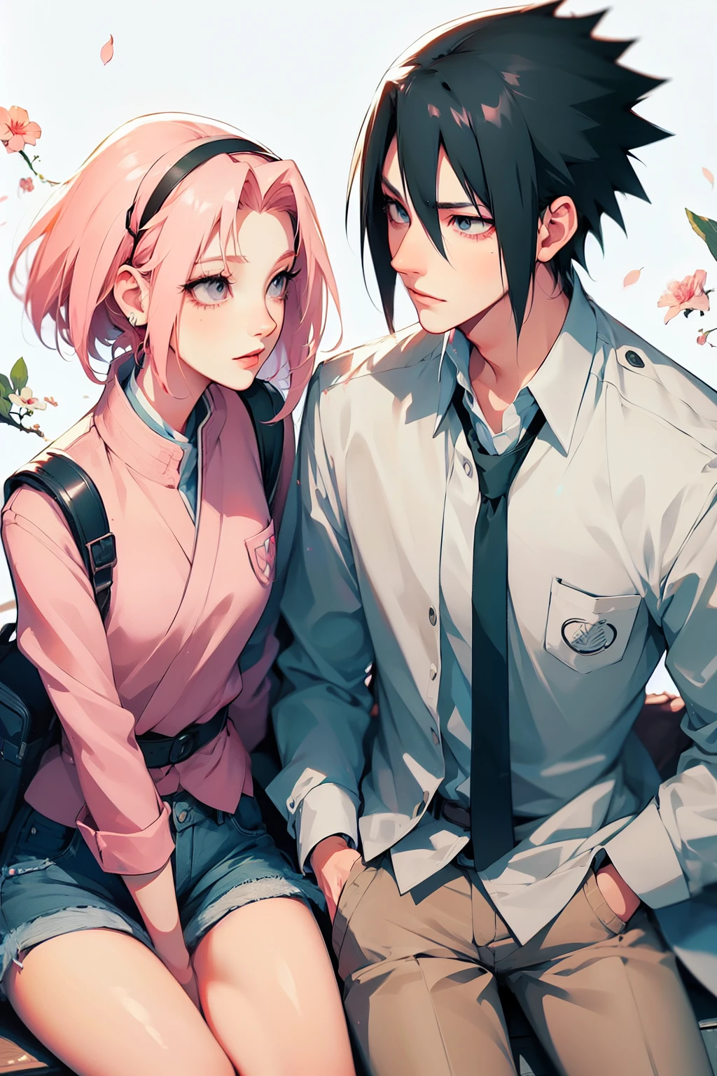 sasusaku. Sasuke Uchiha, a tall man with black hair, wearing a white blouse and jeans, is a high school student, with his hands in his pockets. Sakura, a thin woman with pink hair, she is after Sasuke, she is a rebel. best quality, adorable, ultra-detailed, illustration, complex, detailed, extremely detailed, detailed face, soft light, soft focus, perfect face. In love, illustration. two people, couple