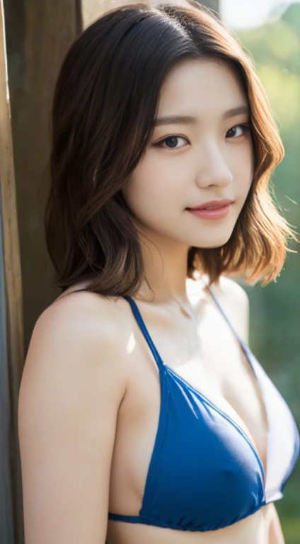 Cherry tree、swimsuit、open chest、I'm not wearing anything inside、whole body、NiziUAYAKA、 4K、1people's women、slender、 Loose wavy styling 、seductive and attractive、Including face and skin texture.,detailed eyes、A soothing expression with a smile
