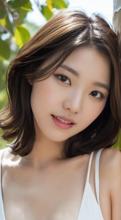 Cherry tree、swimsuit、open chest、I'm not wearing anything inside、whole body、NiziUAYAKA、 4K、1people's women、slender、 Loose wavy styling 、seductive and attractive、Including face and skin texture.,detailed eyes、A soothing expression with a smile
