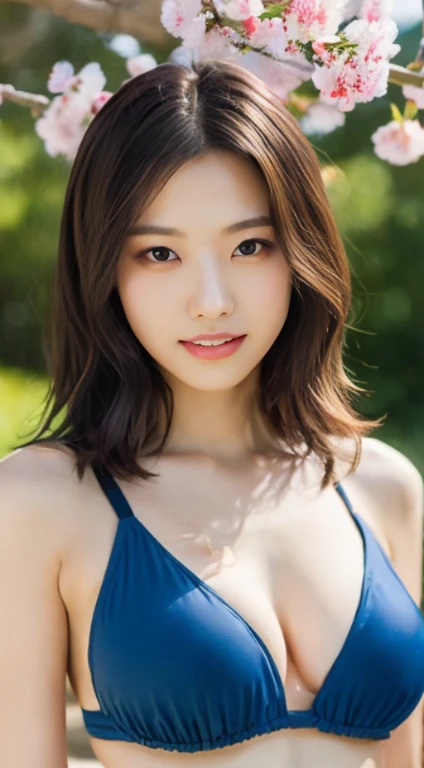 Cherry tree、swimsuit、open chest、I'm not wearing anything inside、whole body、NiziUAYAKA、 4K、1people's women、slender、 Loose wavy styling 、seductive and attractive、Including face and skin texture.,detailed eyes、A soothing expression with a smile