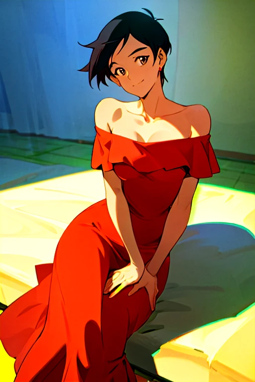 Lois Lane, (masterpiece, best quality), 1 girl, solo, black hair, beautiful details eyes, smile, in a flamenco dress, off the shoulder dress, red dress, bare shoulders, large chest, sitting pose, and being so beautiful, room background,  2D flat, 2D illustration,