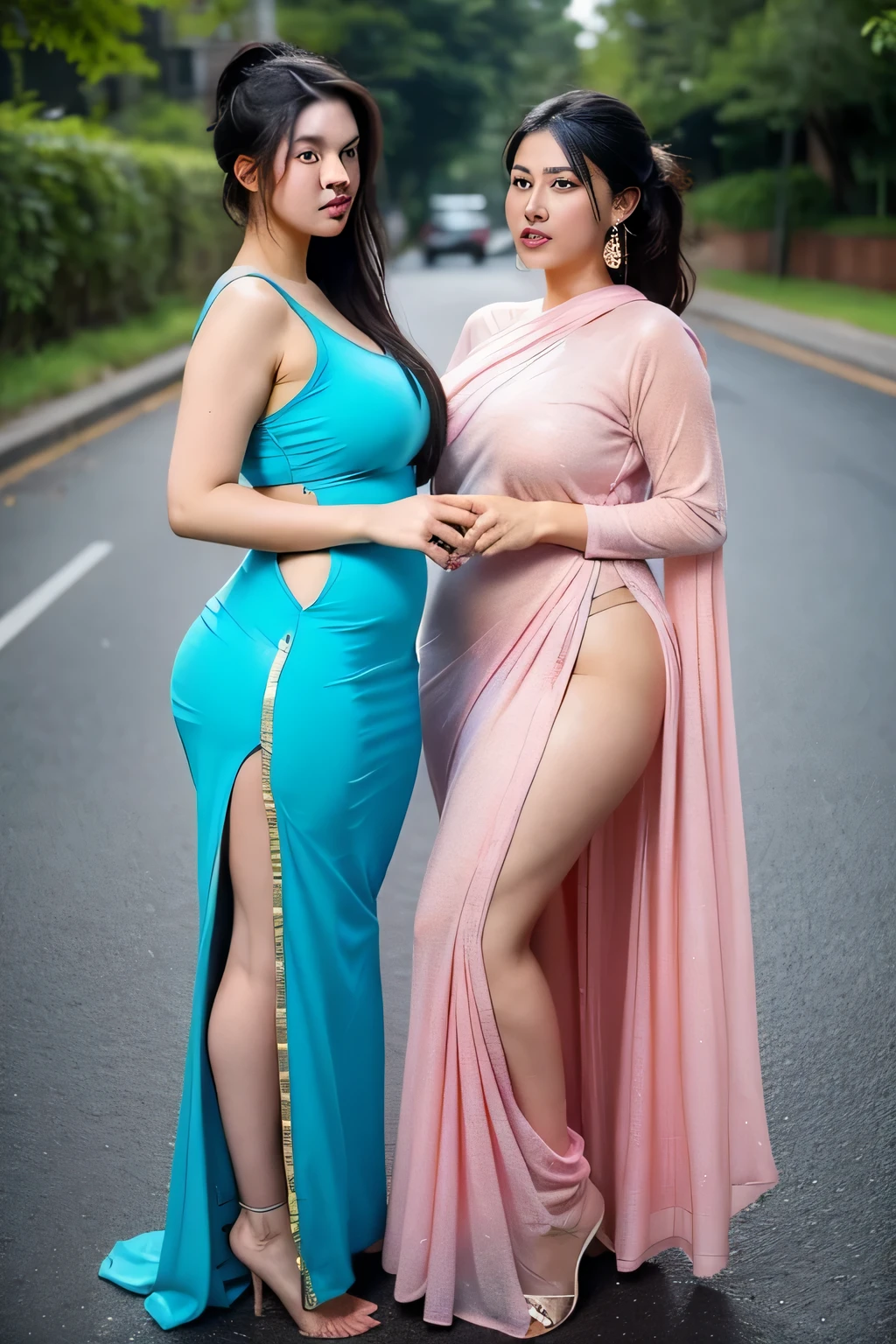 Two woman in a blue pink and black tight long dress posing for a picture, ponytail,indian super model, very large bosum, hindu, provocative indian, really large bosum, attractive feminine curves, beautiful sexy woman photo, style of beautiful body, curvy accentuated booty, large bosum, curvy and bow, trending on bbwchan, wearing pink sari, beautiful curvy female, desi, wet clothes, super tight clothes , they are drinking milk on road, visible panties,