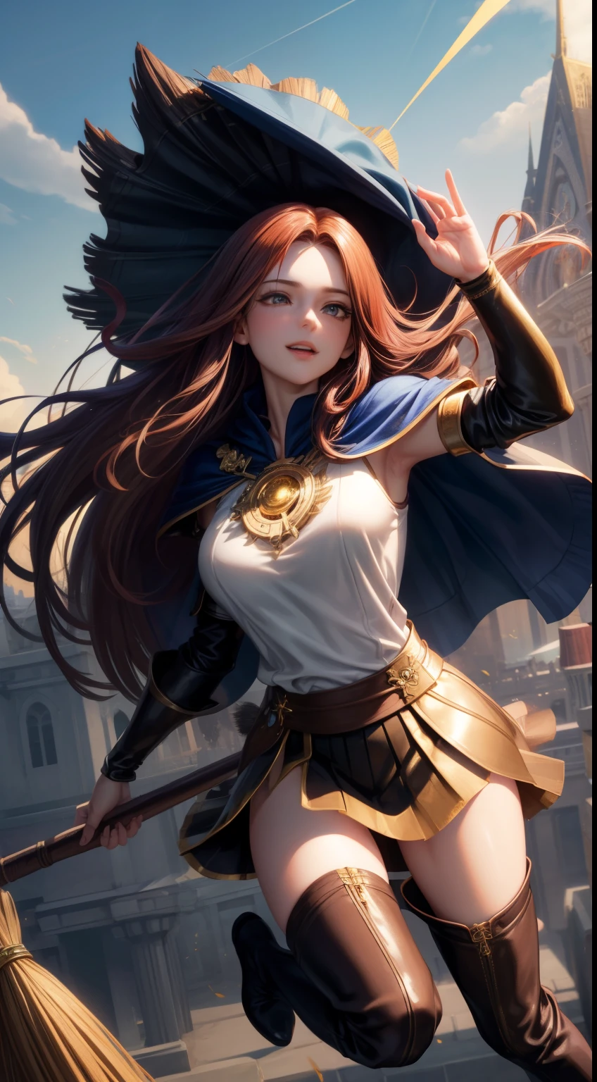 masterpiece, super detailed, 8K portrait, Raw photo, portrait photography, highly detailed face, beautiful and detailed eyes, ((fantasy)), young and beautiful, smile, ((Dynamic jumping pose)), (((Dark red long straight hair))), ((witch)), white skin color, luxury, crystal necklace, (((long dark blue silk cloak))) fluttering in the wind, (((gold line tunic))), (((Slipskirt)), (((leather boots))), ((fly in the sky on a magic broom)), midday sun, surreal, body model, big breasts, beautiful breasts, long legs, In the sky, environmental lighting, shadow details , Focus the camera on the thigh, strong wind, light fog