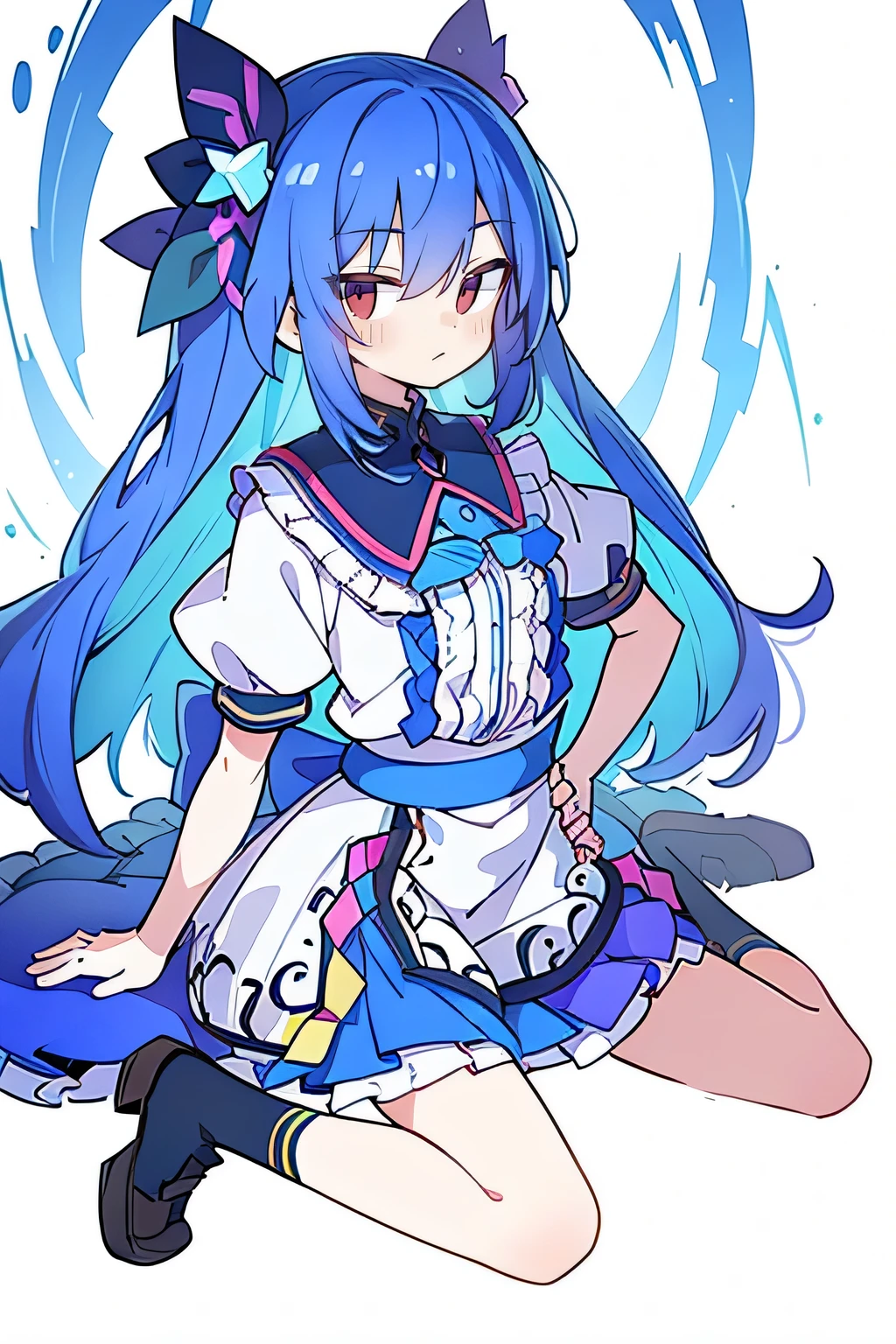 (masterpiece),best quality, expressive eyes, perfect face, 1girl,
 Put your hands on your waist,fair, Gorgeous,Japanese cartoons,girl,lola,Hina Angel, blue hair, blue haired, floating clothes,Grab your waist, Grab your waist, hands on hips , hands on hips,sit, sit on ground, Legs on the ground, flat chest,envious eyes,starry sky,