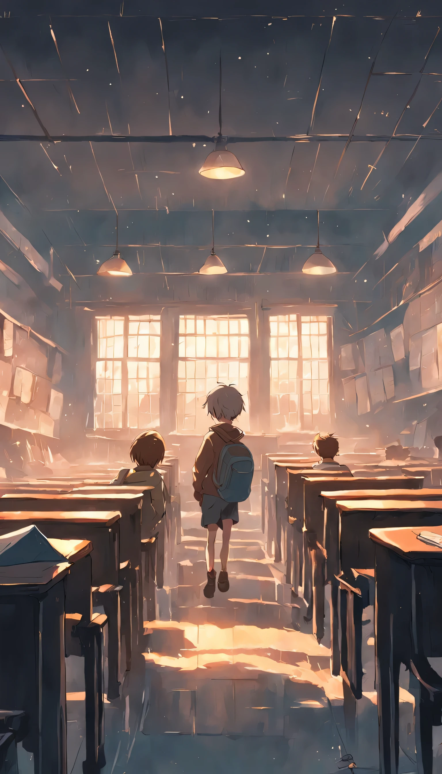 Classroom scene，The light of dawn is dim，there are two boys，A boy lights a lamp and does his homework in the last row of the classroom，Looking up at another boy who came in from the front of the classroom