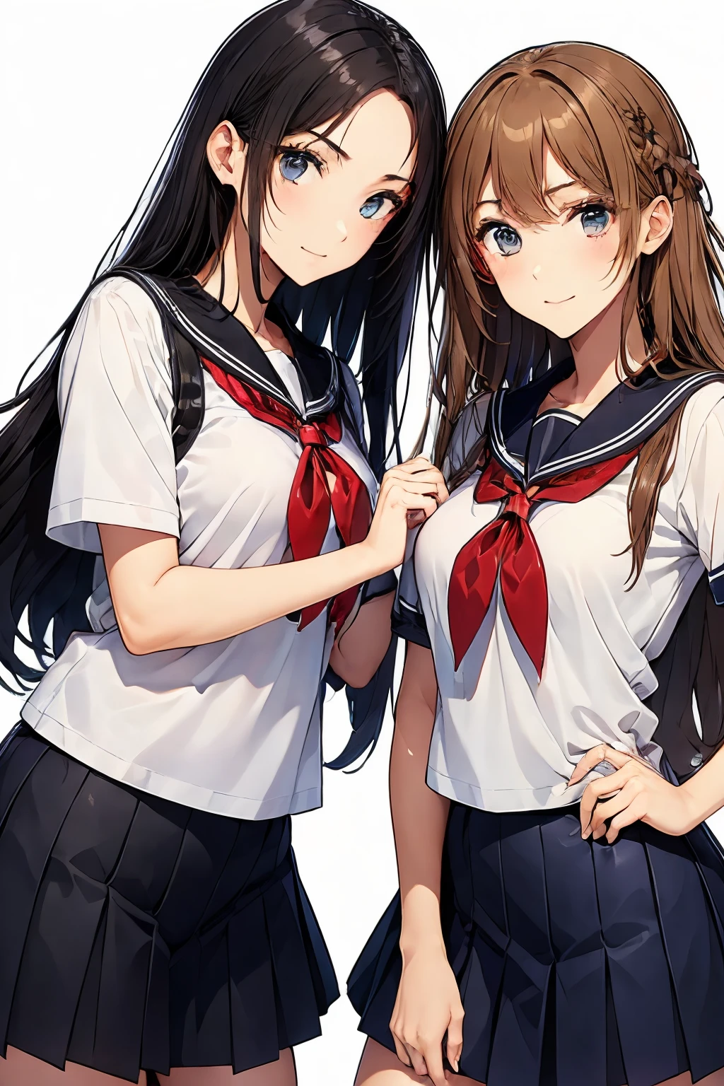 Two high school girls playing with each other、seductive smile、classroom