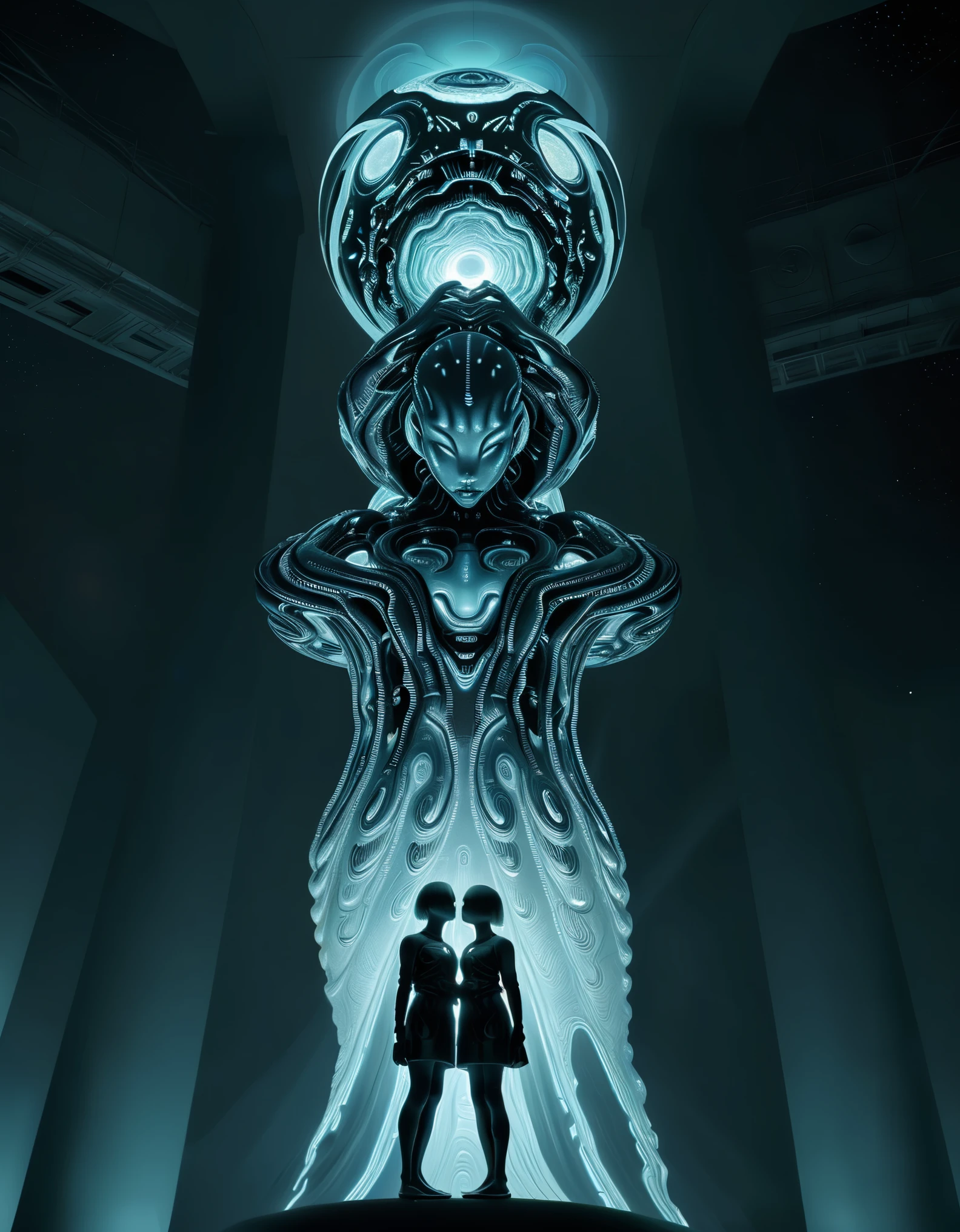 in style of Eileen Agar,，&quot;Giant Silent Sculpture of Alien Creature&quot;，Two tiny humans stand on the shoulders and look up，BDO Arts，BDO works by American digital artist Stuart Lippincott，Use advanced tones and shading，Creates a dazzling and mysterious light，The deep spatial pattern and mysterious atmosphere,Create a sci-fi mechanical god realm,Highlighting the insignificance of human beings，and fear of the unknown，