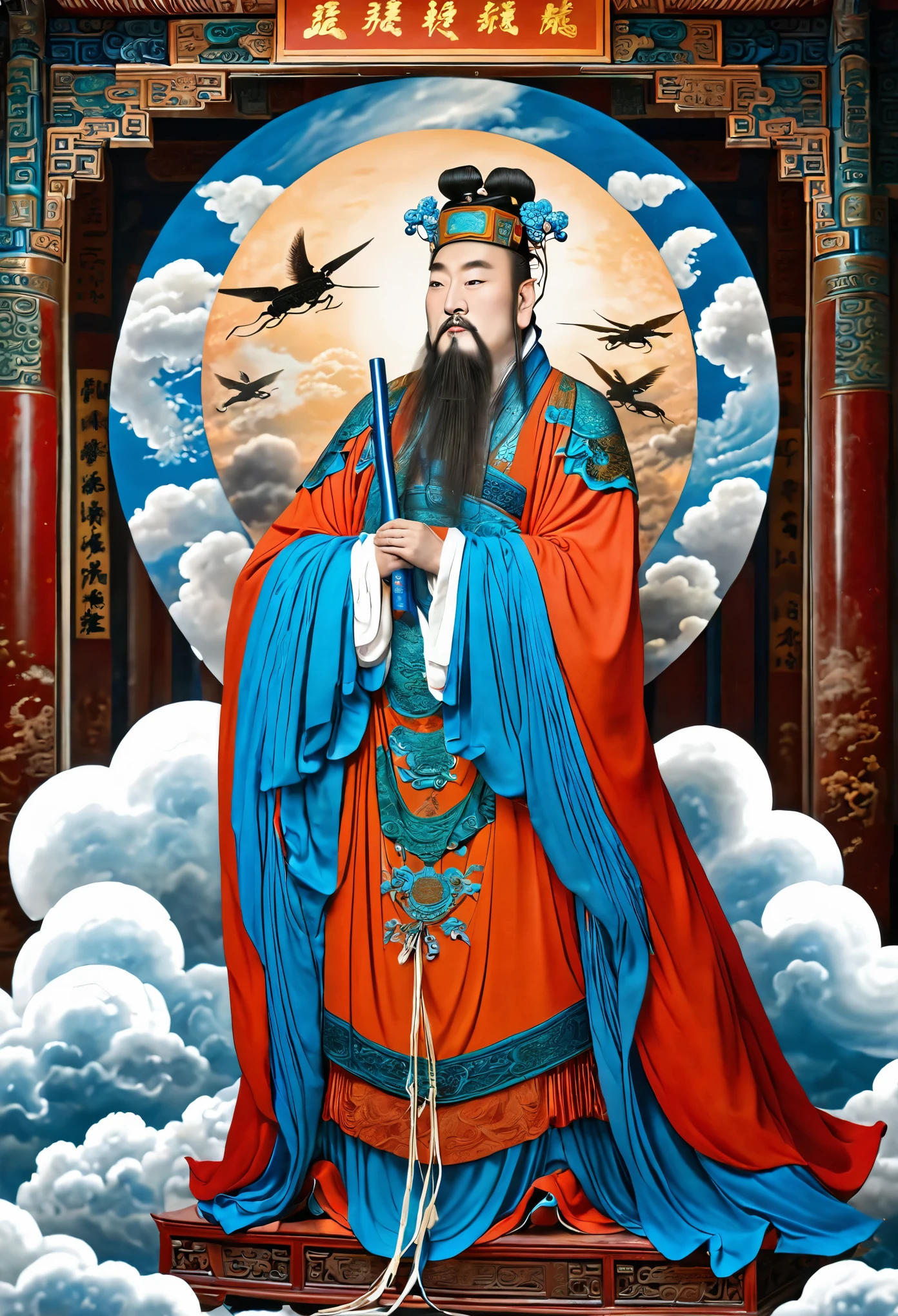 yongle_style ,yongle style,1man,A deity steps on clouds and flies,