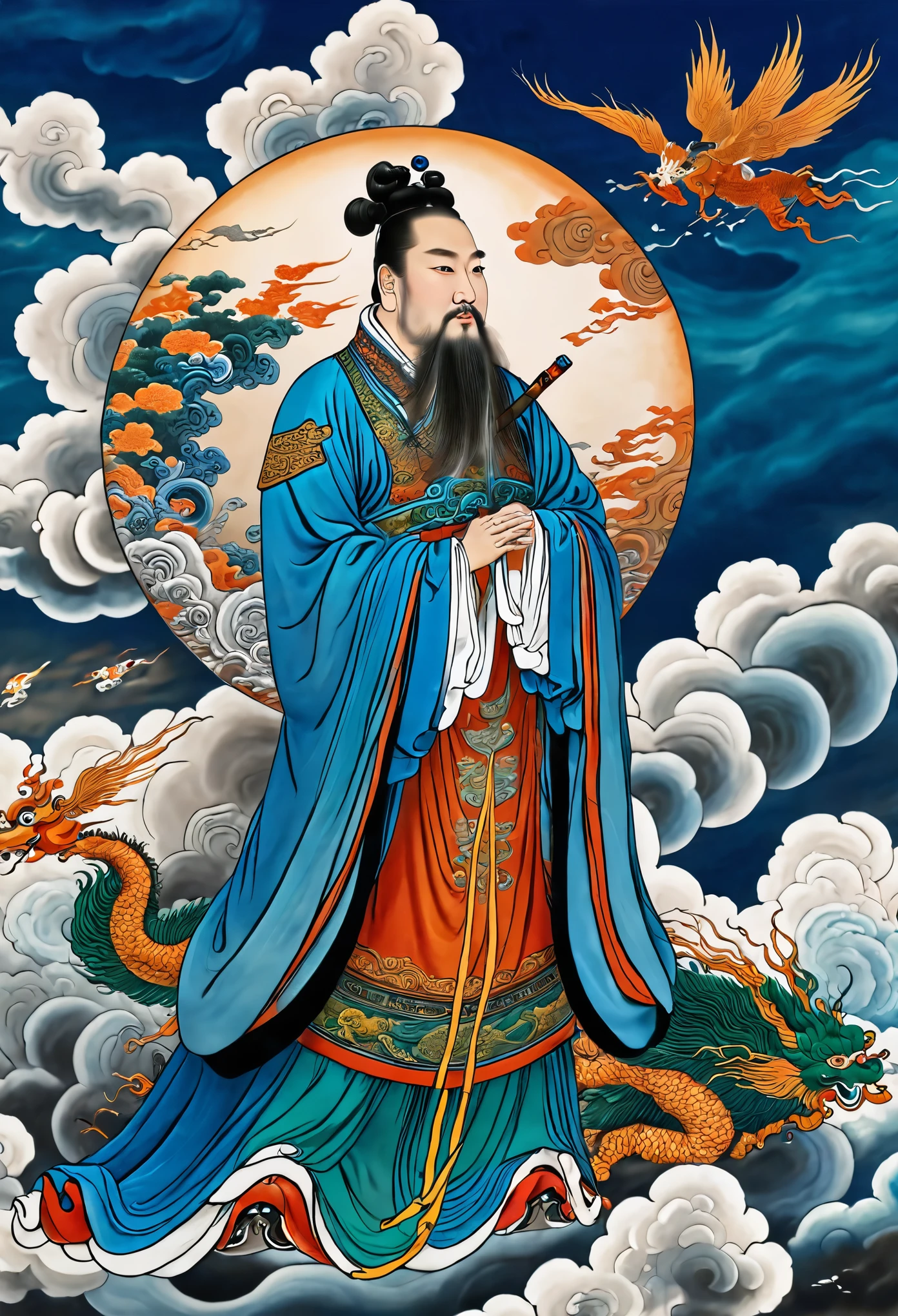 yongle_style ,yongle style,1man,A deity steps on clouds and flies,