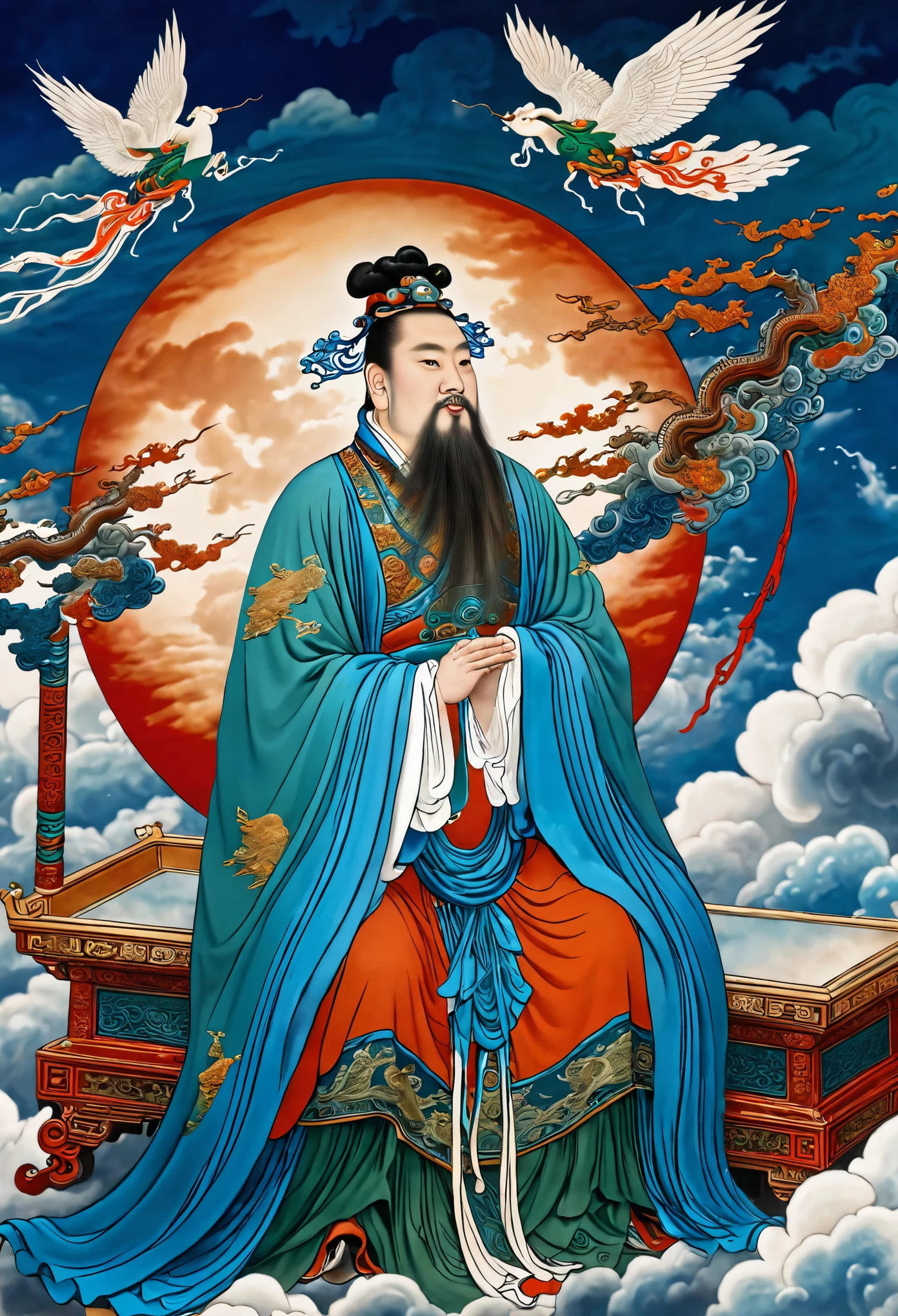 yongle_style ,yongle style,1man,A deity steps on clouds and flies,
