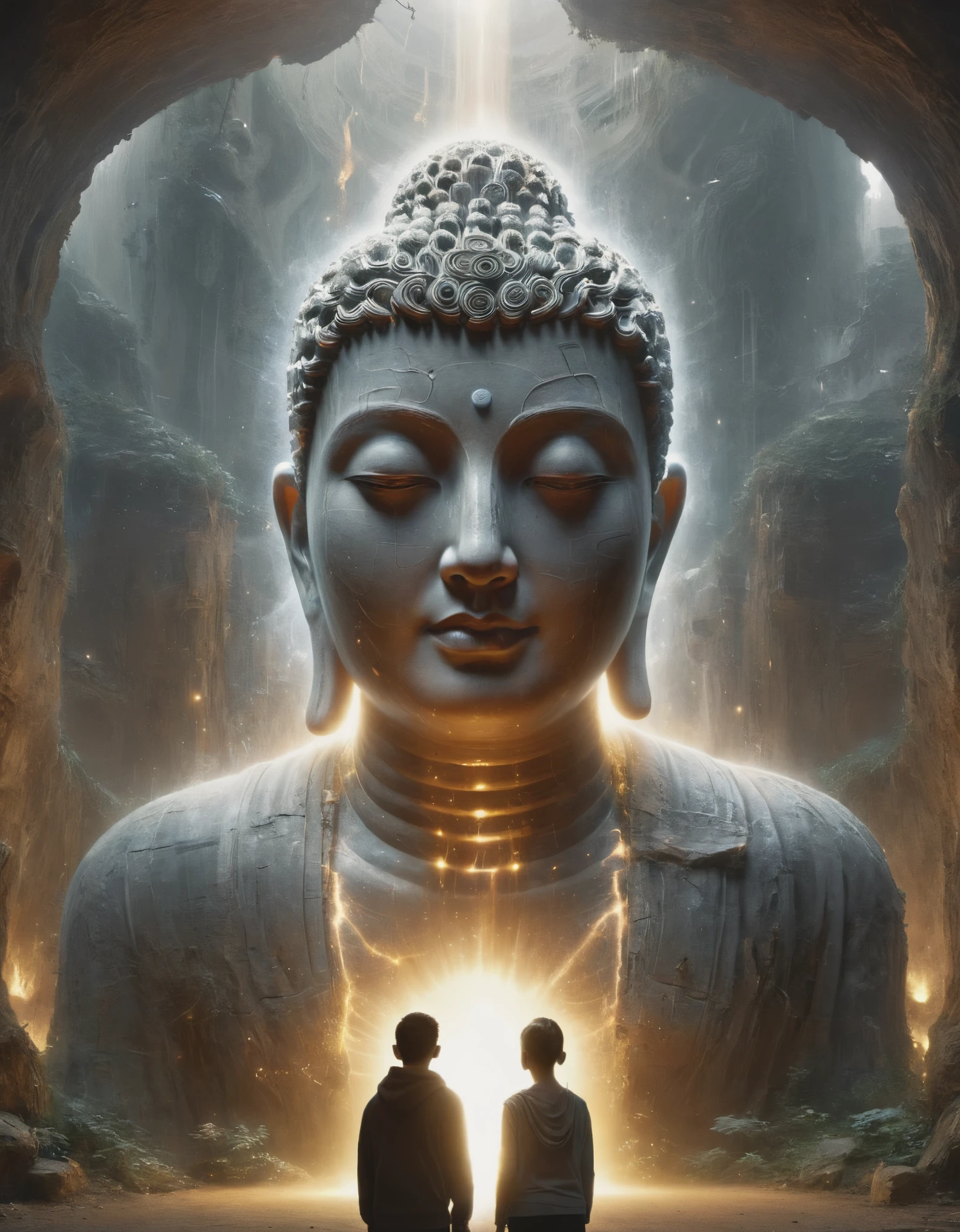 in style of Dan Seagrave, beautiful details,look up,BDO Arts,BDO works by American digital artist Stuart Lippincott,Use advanced tones and shading,Creates a dazzling and mysterious light,The deep spatial pattern and mysterious atmosphere,Create a sci-fi mechanical god realm,Highlighting the insignificance of human beings,and fear of the unknown,"The head of the huge silent sculpture Buddha",There are two small humans standing on the shoulders of the Buddha's head,background:Huge minimalist building
