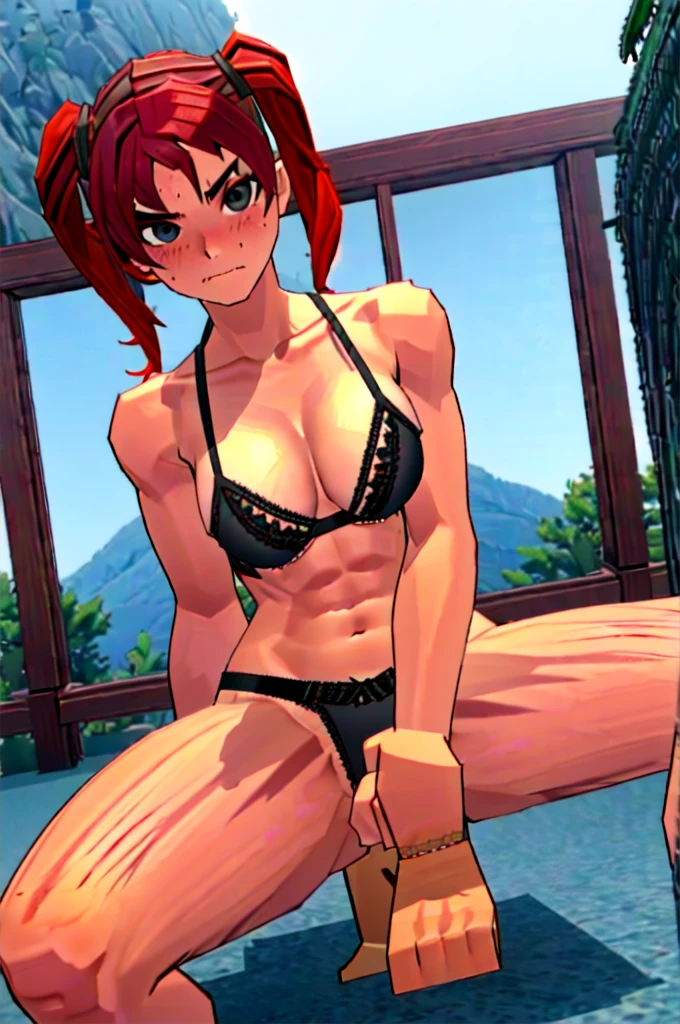 Twintail, red haired, 1girl, grey eyes, tall, well toned, well built, muscled, toned muscles, red highlights, pigtails, beach, bikini, black bikini, pov, sit, looks at the viewer, spread legs, blushing, sweating, (rubbing vaginal region with hand:1.5), stockings, (ahego:1.5) ,At school, frontal, black short skirt, bag, angry, abusive, super detailed, 4k, (black lingerie:1.5)