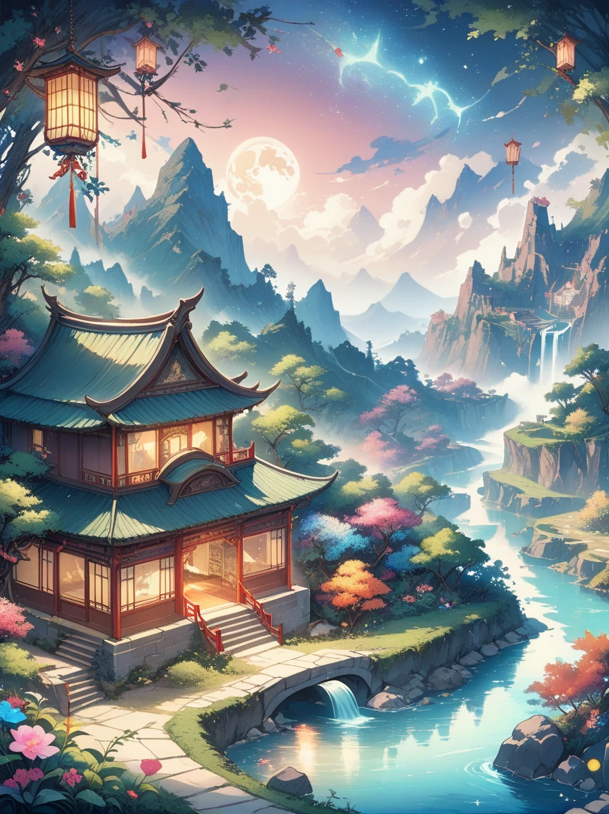 (masterpiece),（Super detailed：1.3），best quality，（shiny:1.2），（Winter wonderland village in dreamy mythology:1.4），(Van Gogh style wonderland architecture: 1.5),（The moon is empty），((fresh、chill、mountains、white mist、illusory、Vast、bamboo forest、frost flower、diamond、breeze、Bamboo leaves、Heavenly、lake、Ice、Lingzhi、ancient、Pavilion、mural、Ride the clouds、sacred、peaceful、Peaceful、otherworldly、beauty、peaceful、detail、energy、Pleasure、Isolation、treasure、Nature、magic、creativity)), ((Chinese ink painting style)), and decorations, Dreamy winter wonderland, Lovely design style, night，snowfield，full moon，bright colors、 ((Whimsical and charming fantasy)), surreal portrait, (Fantasy themed winter), (A whimsical wonderland), (rich and colorful, Landscape full of candy), (enchanting, magic的生物), (a vibrant, Palace surrounded by mist), (White Cloud Road), Wonderland castle in the distance, (Like a mirror, 不对称masterpiece钟表配件), (rich, fantastic colors), (twinkling stars) Elevated, (four dimensional dream), (Charming and charming atmosphere), (playful composition), (Vivid lighting effects), ultra high definition，展现在这beauty的场景中，（anatomically correct，Very detailed，Reasonable design，clear lines，high definition，masterpiece，official art，8K)