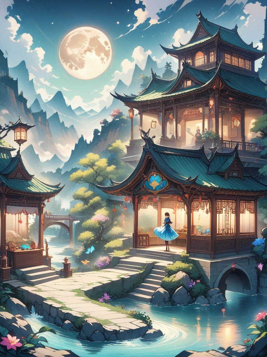 (masterpiece),(Super detailed:1.3),best quality,(shiny:1.2),(Winter wonderland village in dreamy mythology:1.4),(Van Gogh style wonderland architecture: 1.5),(The moon is empty),((fresh、chill、mountains、white mist、illusory、Vast、bamboo forest、frost flower、diamond、breeze、Bamboo leaves、Heavenly、lake、Ice、Lingzhi、ancient、Pavilion、mural、Ride the clouds、sacred、peaceful、Peaceful、otherworldly、beauty、peaceful、detail、energy、Pleasure、Isolation、treasure、Nature、magic、creativity)), ((Chinese ink painting style)), and decorations, Dreamy winter wonderland, Lovely design style, night,snowfield,full moon,bright colors、 ((Whimsical and charming fantasy)), surreal portrait, (Fantasy themed winter), (A whimsical wonderland), (rich and colorful, Landscape full of candy), (enchanting, magic的生物), (a vibrant, Palace surrounded by mist), (White Cloud Road), Wonderland castle in the distance, (Like a mirror, 不对称masterpiece钟表配件), (rich, fantastic colors), (twinkling stars) Elevated, (four dimensional dream), (Charming and charming atmosphere), (playful composition), (Vivid lighting effects), ultra high definition,展现在这beauty的场景中,(anatomically correct,Very detailed,Reasonable design,clear lines,high definition,masterpiece,official art,8K)
