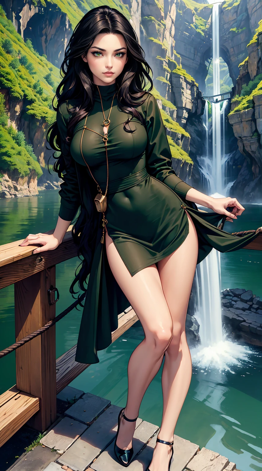 (masterpiece, Best quality, A high resolution, ultra detailed),(beautiful and aesthetically pleasing:1.2), 1 woman, adult, perfect body, wavy black hair, ((green eyes)), detailed eyes and face, full_body, stylish casual wear, stylish comfortable shoes, loose styled, Outdoors, Waterfall, cable car over the canyon,