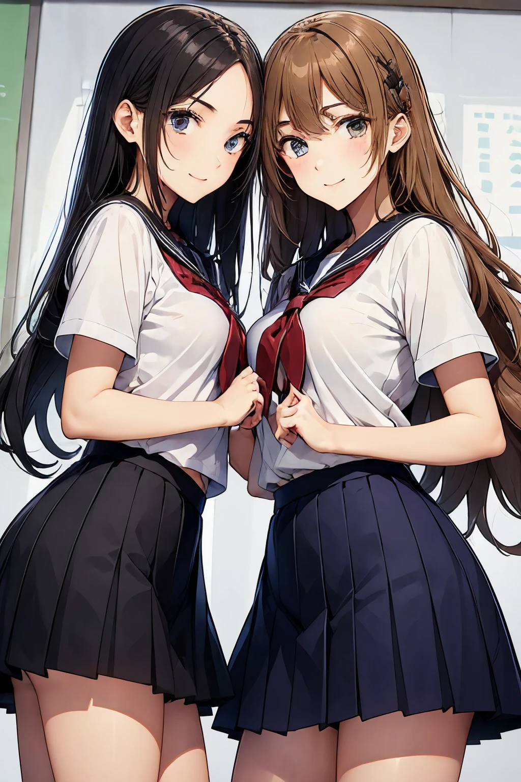 Two high school girls playing with each other、seductive smile、classroom