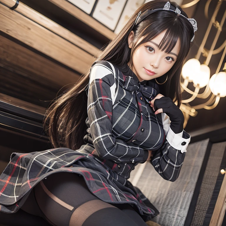 In 8K,highest quality:1.4, 超A high resolution:1.5, (realistic:1.4),masterpiece:1.2,(highest quality:1.4)、 Raw photo、 (background is blurry), 1 Japanese girl, cute, (alone:1.4), (shy smile), smooth skin、 (brown medium hair,bangs),Nogizaka,supple fingertips,beautiful black eyes、dual、natural skin texture:1.3, Realistic eye and face details:1.7、medium breasts、daytime、tight ass:1.5、look at the audience,The camera is3mbackwards, Hilarious,(maid:1.2),bow,long sleeve, black sleeves,(black plaid long tights:1.5),maidの頭飾り,maid apronl,cafeteria,Upper body:1.8,(thin hair:1.1), (fine eyes:1.1)