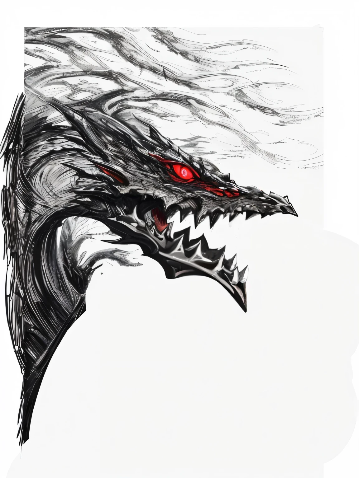 illustration of a black and white drawing of a dragon with red eyes, alduin, dragon with scars, berserk art style, black dragon, cyborg dragon portrait, sharp cyborg dragon head, with red glowing eyes, dragon head, sharp red eyes, dragon in the background, with glowing red eyes, sleek dragon head, ancalagon the black, dragon head!, jagged metal teeth designs, red eyes