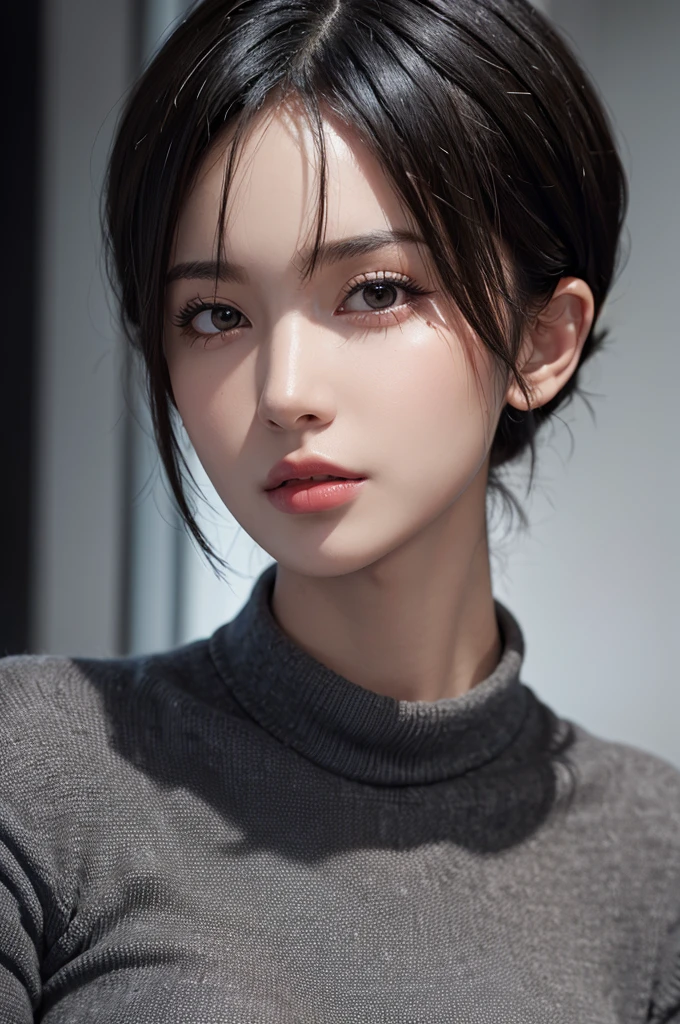 (masterpiece:1.3), (8k, photorealistic, RAW photo, best quality: 1.4), (1girl), beautiful face, (realistic face), (black hair, short hair:1.3), beautiful hairstyle, realistic eyes, beautiful detailed eyes, (realistic skin), beautiful skin, (sweater), absurdres, attractive, ultra high res, ultra realistic, highly detailed, golden ratio