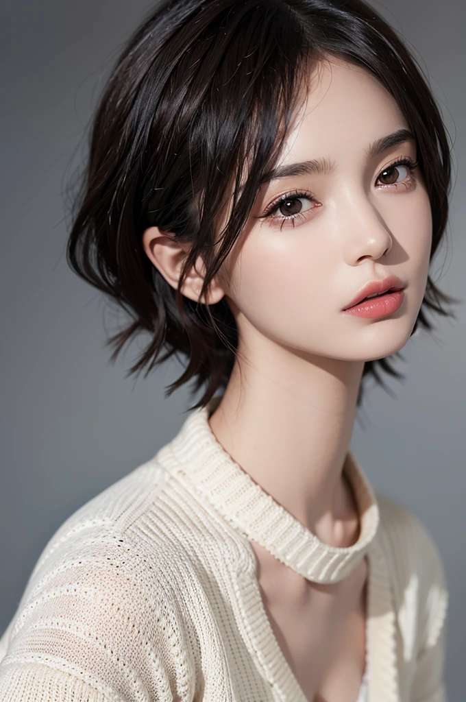 (masterpiece:1.3), (8k, photorealistic, RAW photo, best quality: 1.4), (1girl), beautiful face, (realistic face), (black hair, short hair:1.3), beautiful hairstyle, realistic eyes, beautiful detailed eyes, (realistic skin), beautiful skin, (sweater), absurdres, attractive, ultra high res, ultra realistic, highly detailed, golden ratio