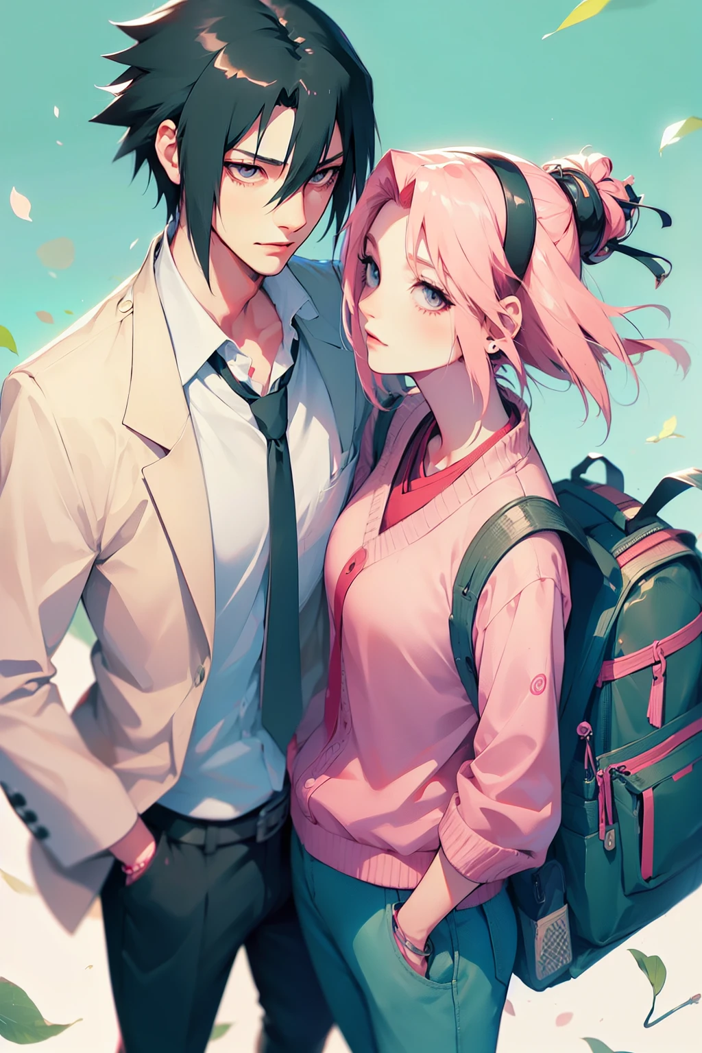 sasusaku. Sasuke Uchiha, a tall man with black hair, wearing a white blouse and jeans, is a high school student, with his hands in his pockets. Sakura, a thin woman with pink hair, she is after Sasuke, she is a rebel. best quality, adorable, ultra-detailed, illustration, complex, detailed, extremely detailed, detailed face, soft light, soft focus, perfect face. In love, illustration. two people, couple