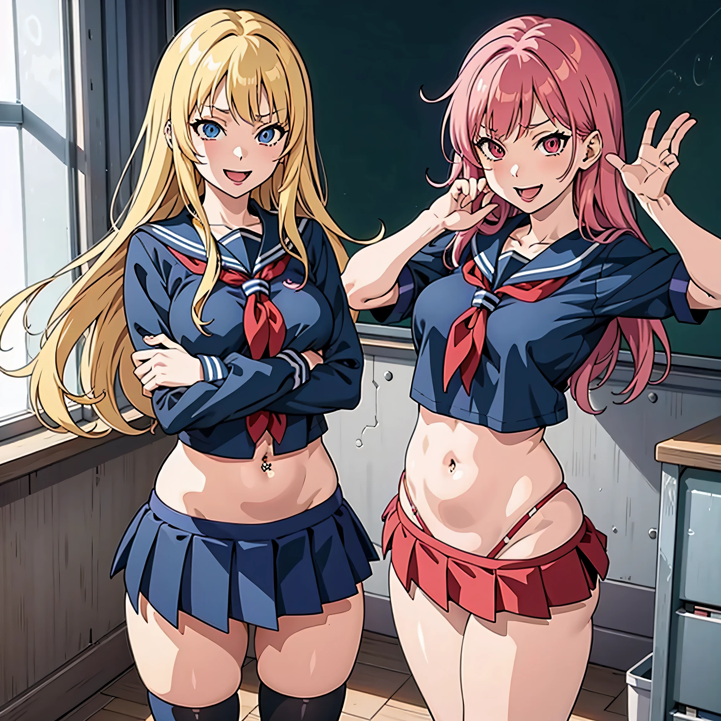 2girl , two girl, tokyo_ghoul_style, long hair,, medium breast, masterpiece, best quality, highly detailed, a anime girls in sailor uniforms with a gun posing for a picture,
evil smile, smile, open mouth,black_serafuku, ecchi anime style, anime girls , (nsfw) not safe for work,
ecchi style, ecchi, shipgirls, digital anime art!!, high school girls, in anime style, official artwork, beautiful
anime high school girl, anime style 4 k, micro skirt, exposed belly, exposed navel, exposed midriff,
exposed lower belly,school, classroom, navel piercing , lipstick,open arms sideway,
arms T-pose, smirk, standing, anime girl T posing