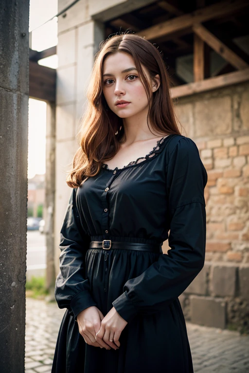 masterpiece、(((reality photo)))、nsfw, super high quality、crystal clear、RAW UHD format、droopy eyes、high resolution glowing eyes、feminine body shape, redhead, highest quality, shirt, close, realistic skin texture, upper body portrait, street wall background, photo shoot, detailed facial features, Film grain texture and high contrast, Very high resolution details, photo&#39;s, realistic, surreal, HDR, masterpiece.、A princess from a modest medieval country wearing a dress