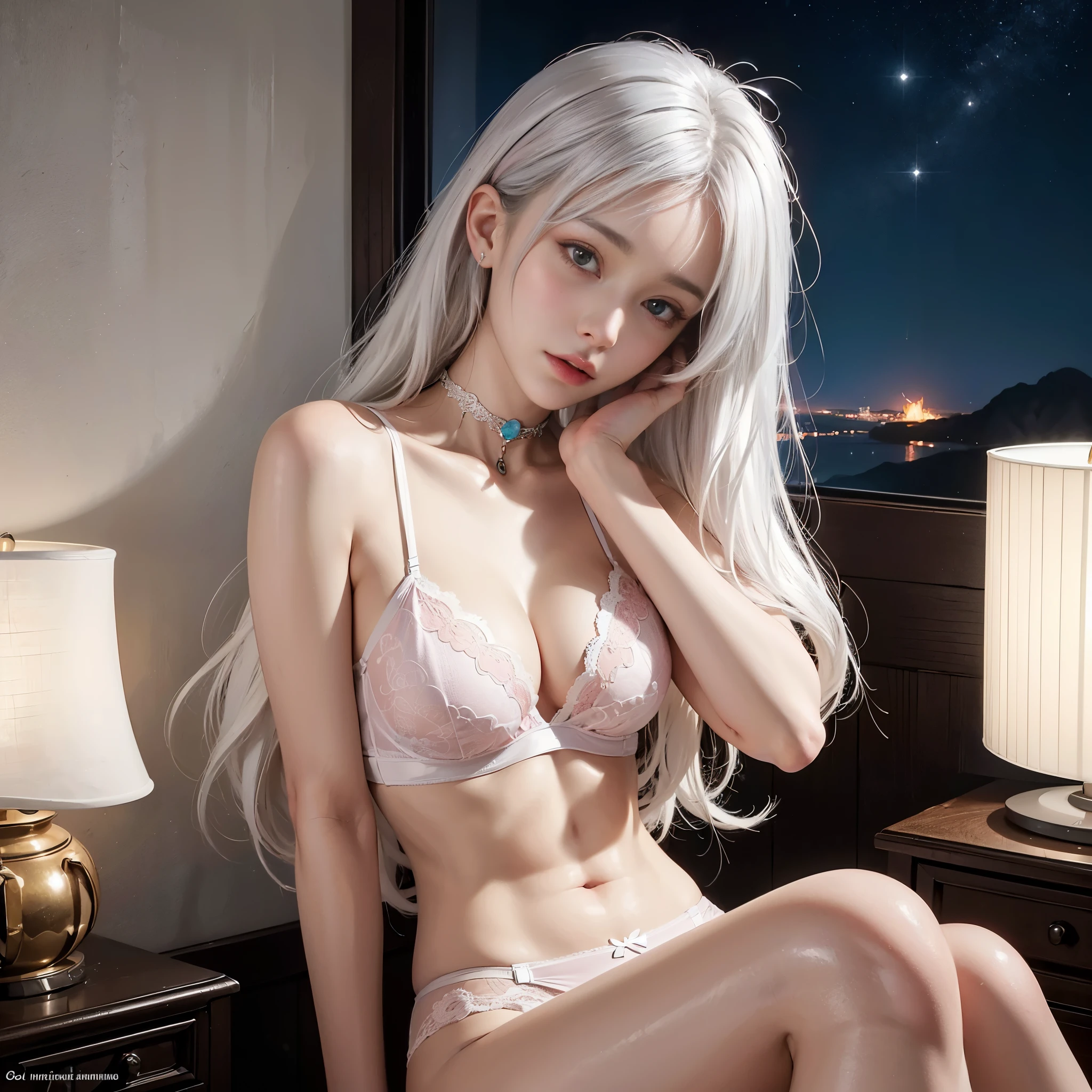 (1 Girl Solo, 1 Sexy Woman, White Hair, Long Hair, waved hair, Pink Lingerie:1.4), (Sexy woman, UpperBody shot, Sitting:1.3), (choker), ((anatomically correct)), (Futuristic Portrait), (Close-Up:1.2), rim lighting, (In The Bed Room At Night), no futuro telhado de luz neon, SSCI - FI e Fantasia, intrincado e muito bonito e elegante, altamente detalhado, pintura digital, art-station, arte conceitual, smooth and sharp focus, illustration, Arte de Tan Zi e Ayanamikodon e Alphonse Mucha e Wlop